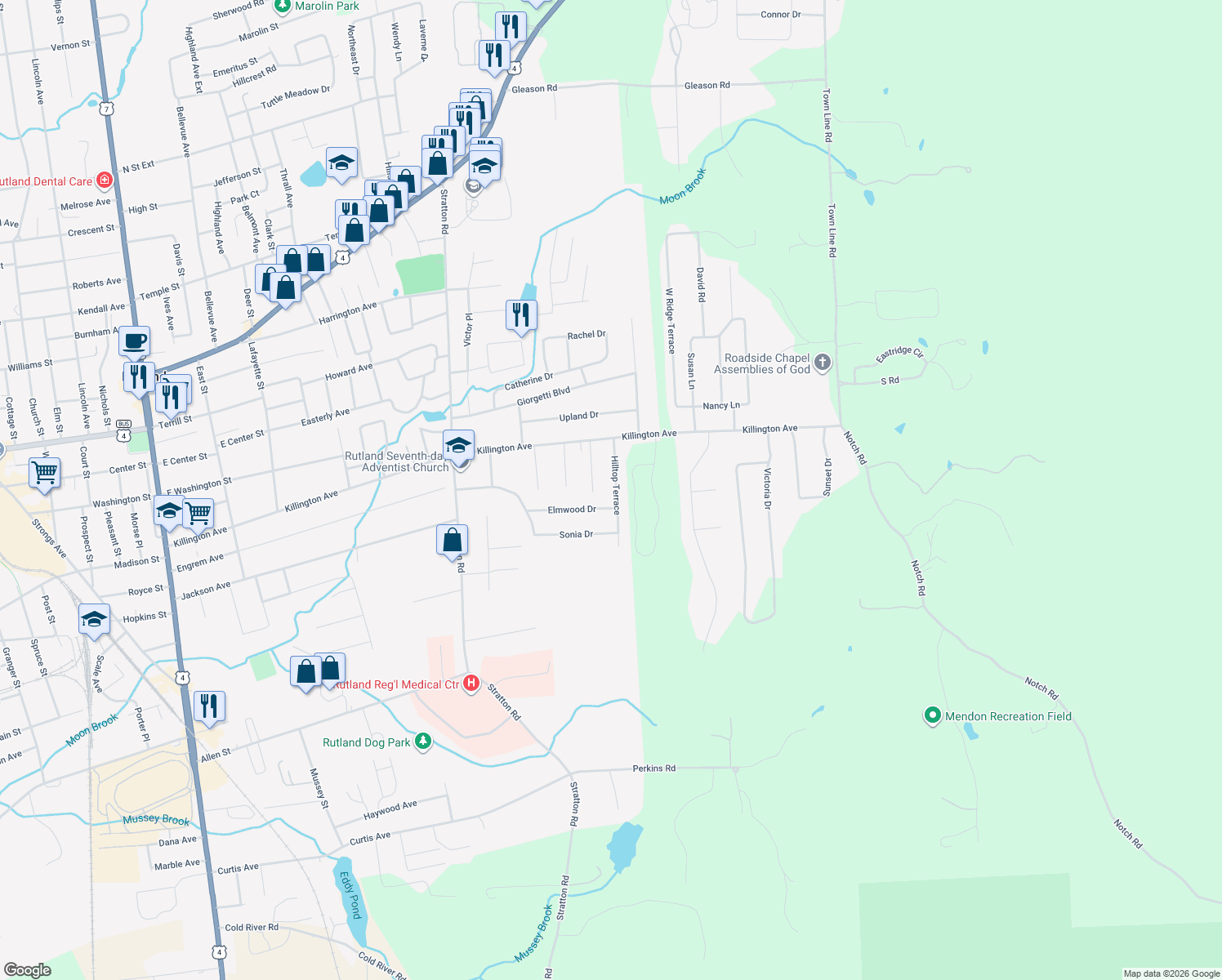 map of restaurants, bars, coffee shops, grocery stores, and more near 9 Hilltop Terrace in Rutland