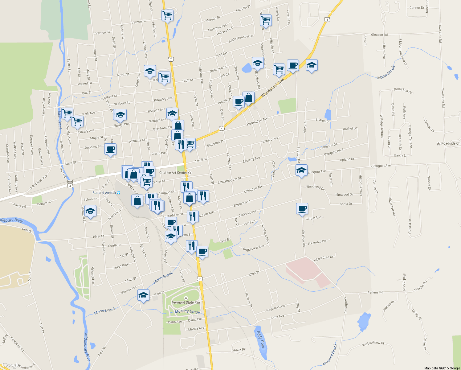 map of restaurants, bars, coffee shops, grocery stores, and more near 77 Lafayette St in Rutland