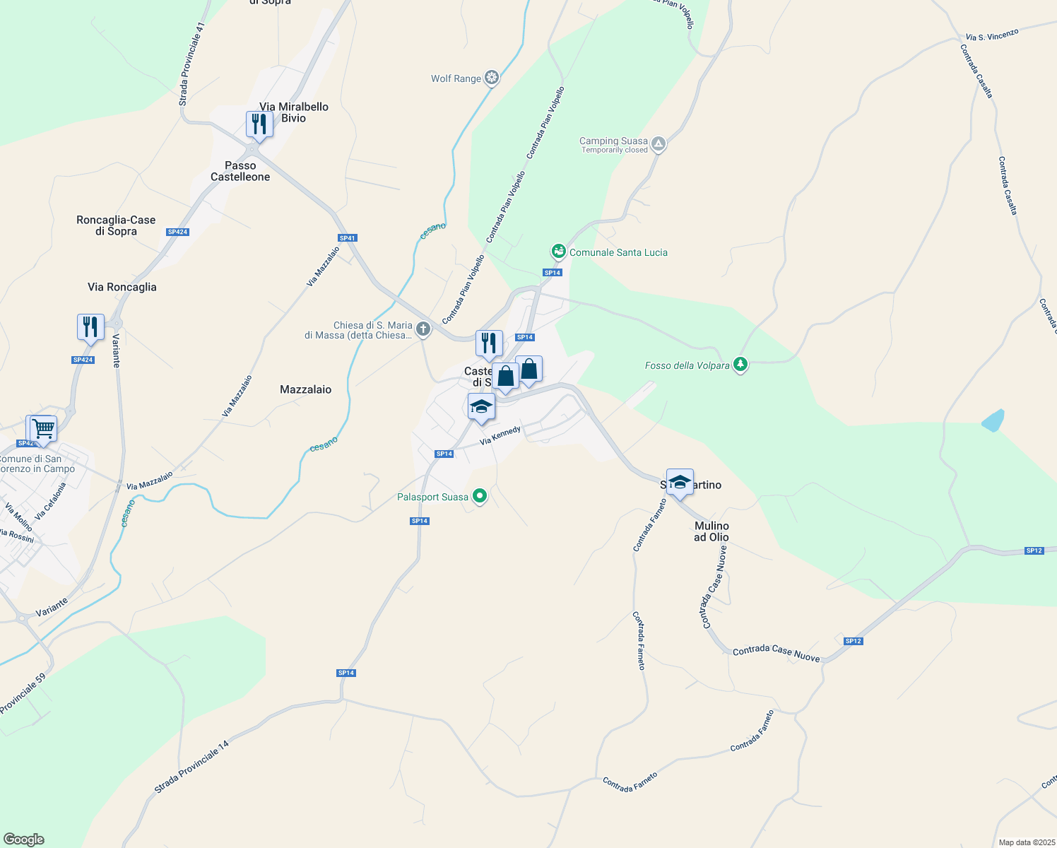 map of restaurants, bars, coffee shops, grocery stores, and more near 23 Via Kennedy in Castelleone di Suasa