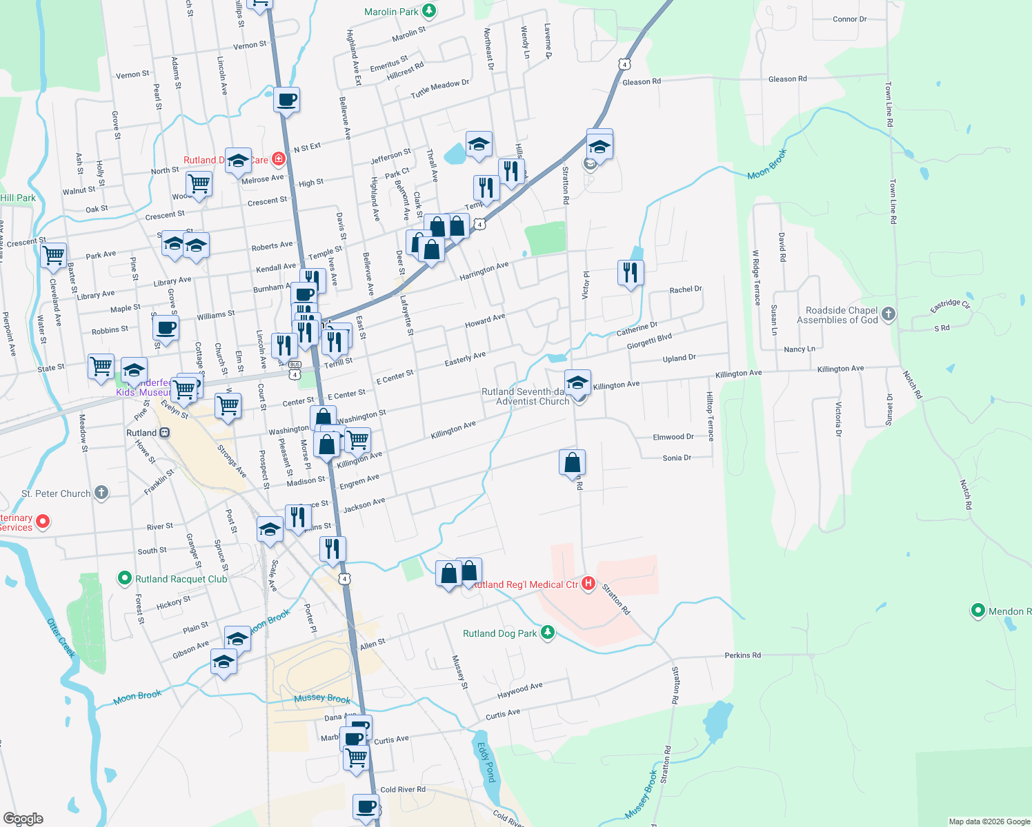 map of restaurants, bars, coffee shops, grocery stores, and more near 130 Killington Avenue in Rutland