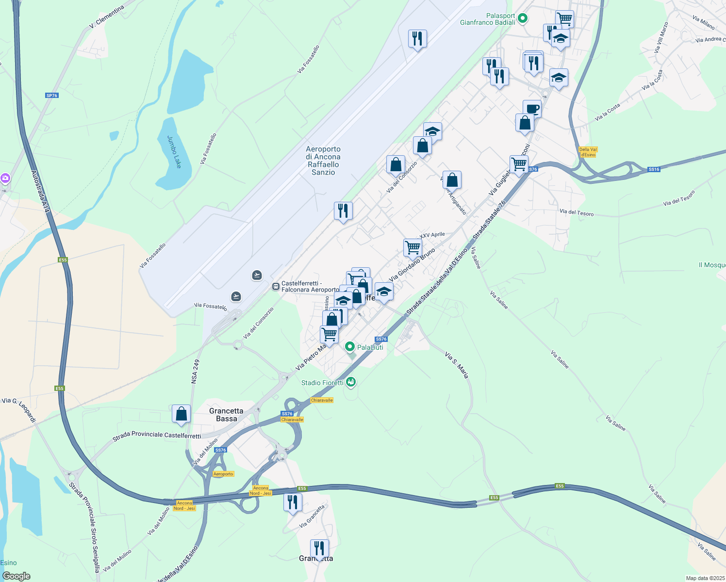 map of restaurants, bars, coffee shops, grocery stores, and more near 12 Via Leonida Bissolati in Falconara Marittima