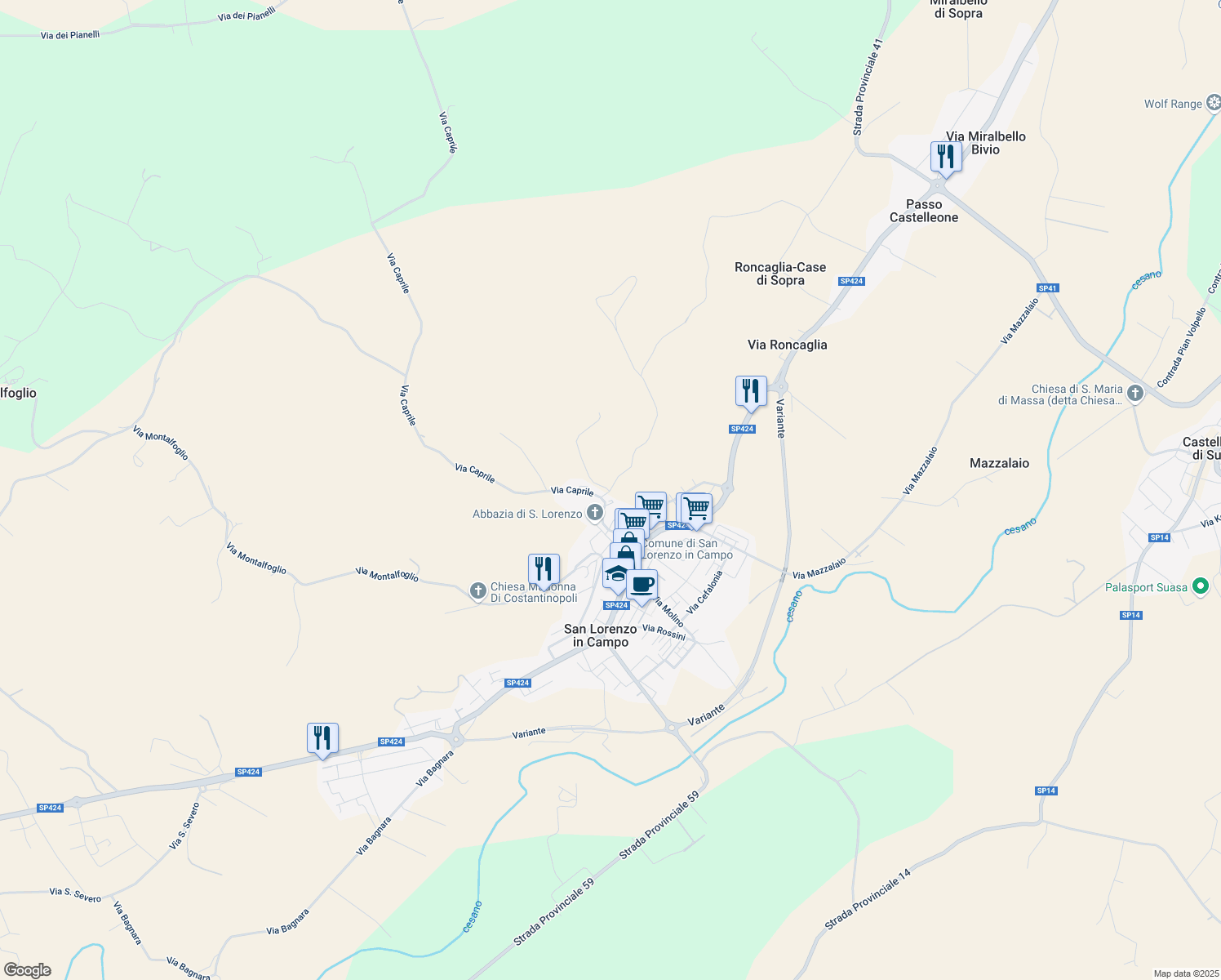 map of restaurants, bars, coffee shops, grocery stores, and more near 28 Via della Fornace in Orciano di Pesaro