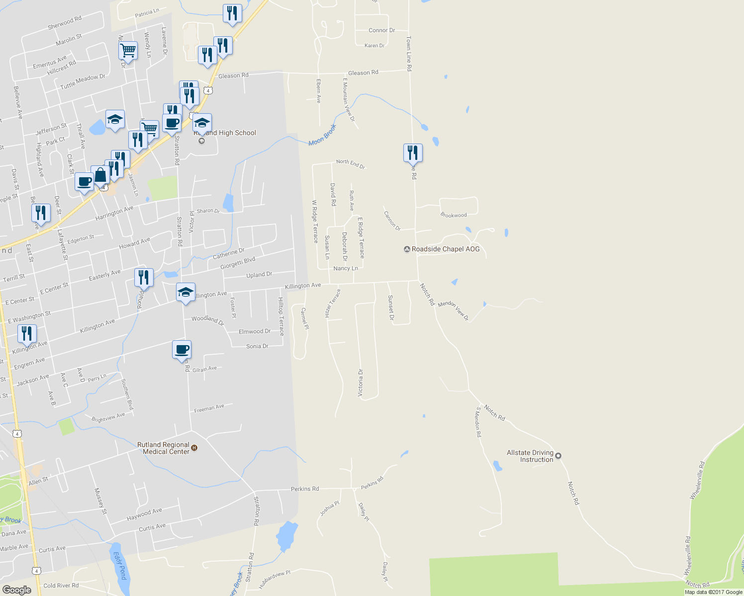 map of restaurants, bars, coffee shops, grocery stores, and more near 52 Victoria Drive in Rutland