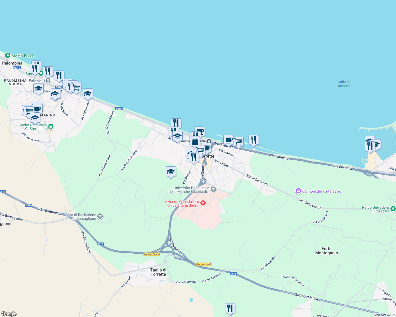 map of restaurants, bars, coffee shops, grocery stores, and more near 60 Via Metauro in Torrette