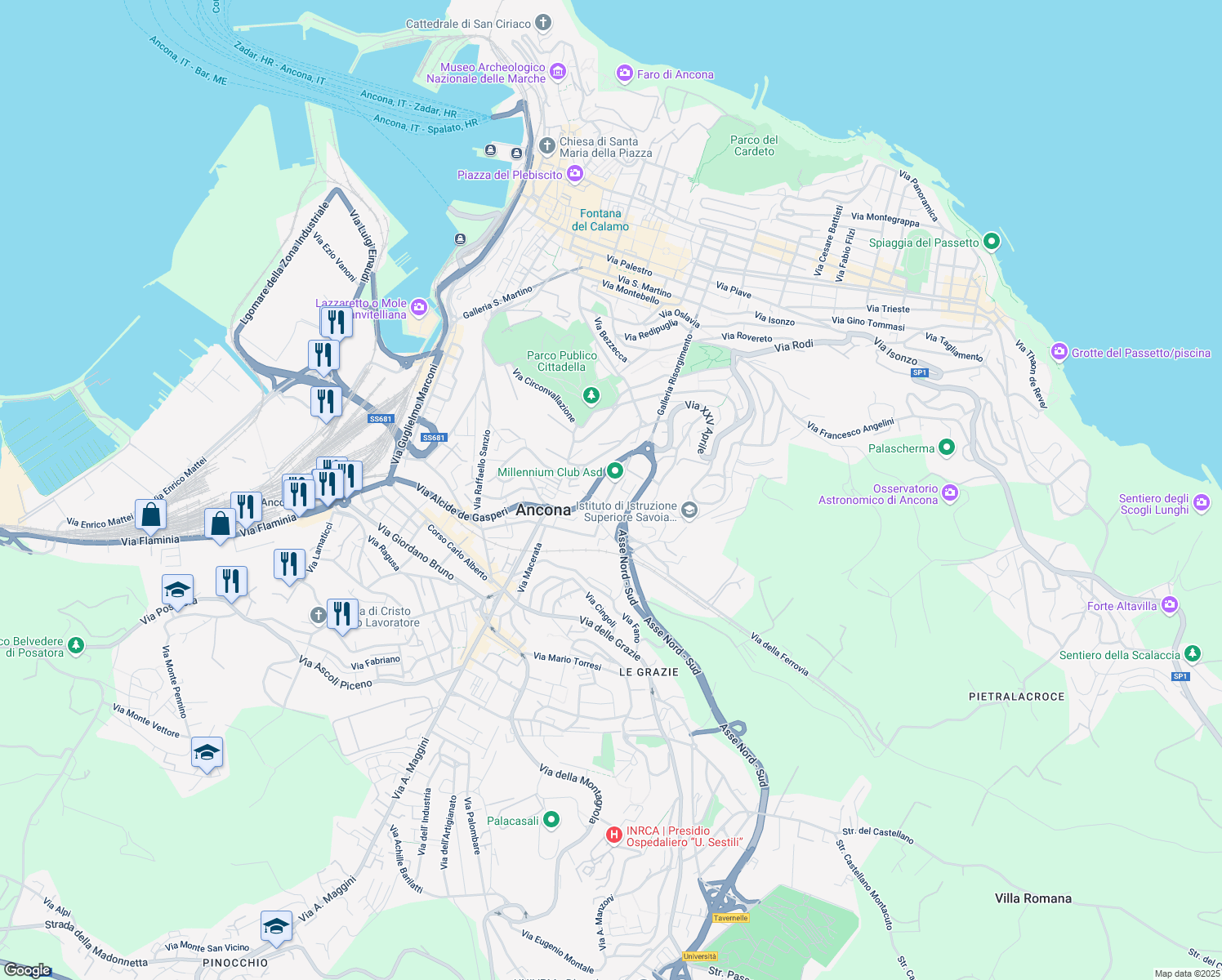 map of restaurants, bars, coffee shops, grocery stores, and more near 47 Via Valle Miano in Ancona