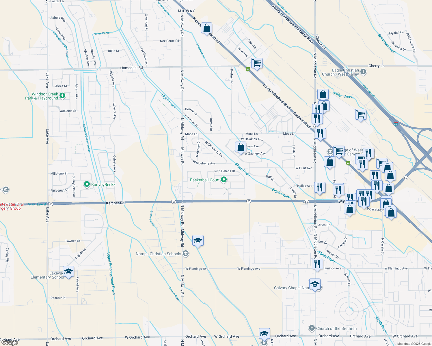 map of restaurants, bars, coffee shops, grocery stores, and more near 11745 W Trinity Ave in Nampa
