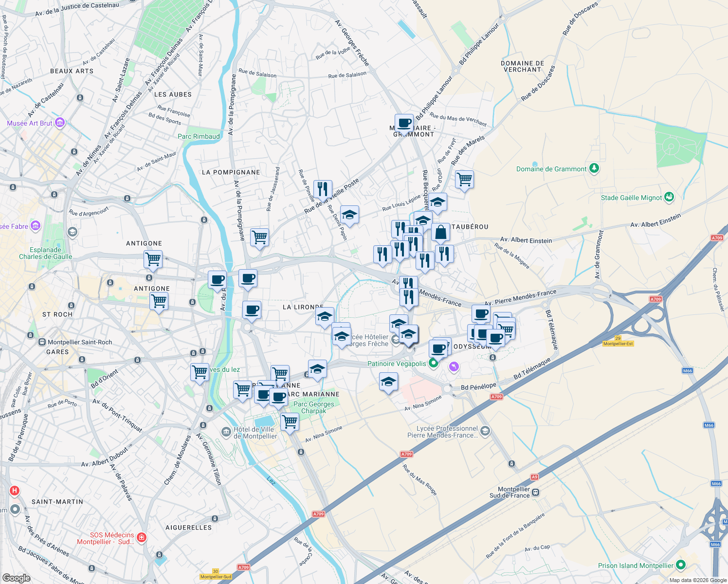 map of restaurants, bars, coffee shops, grocery stores, and more near 16 Place Raphaël in Montpellier