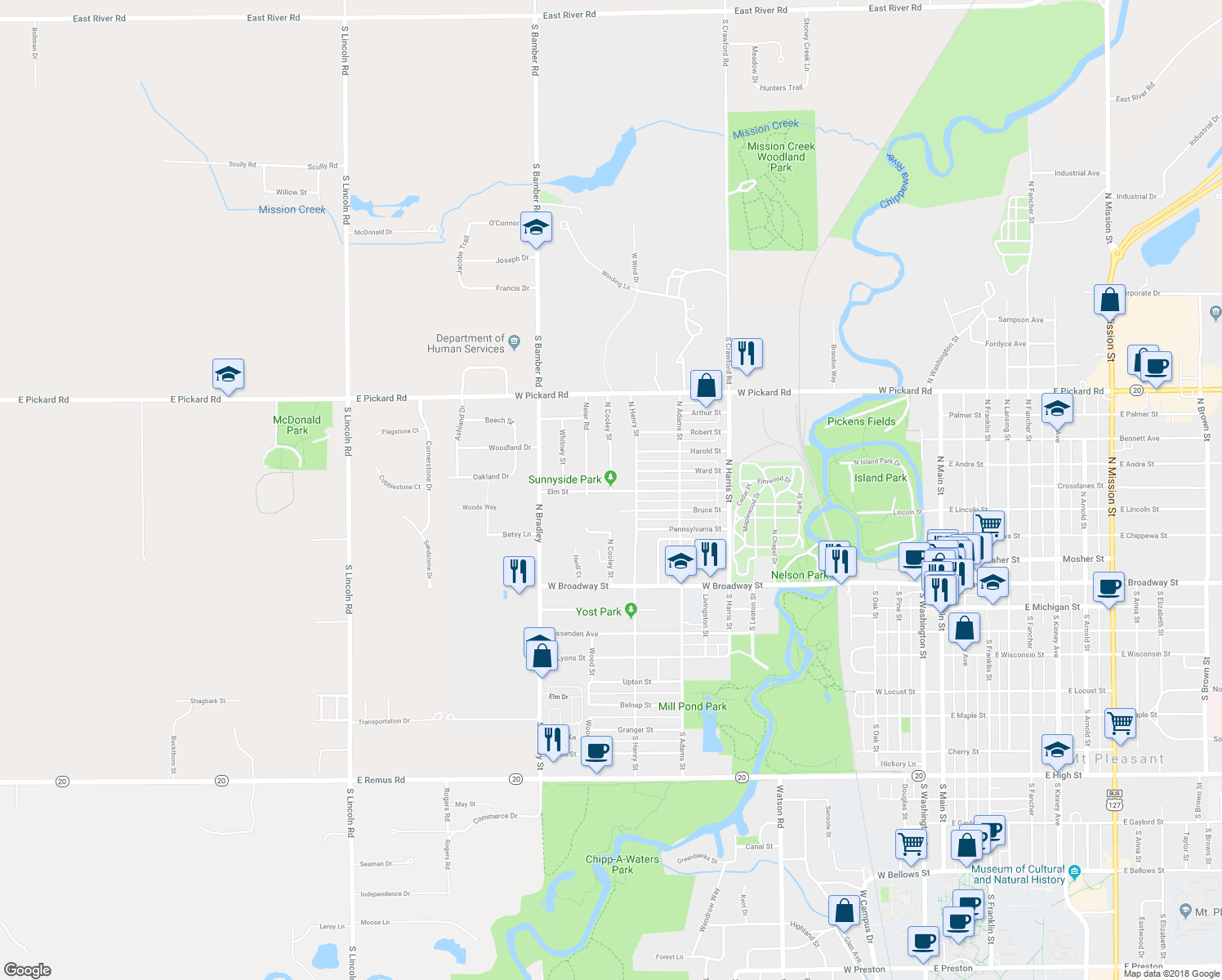 map of restaurants, bars, coffee shops, grocery stores, and more near 600 North Cooley Street in Mount Pleasant