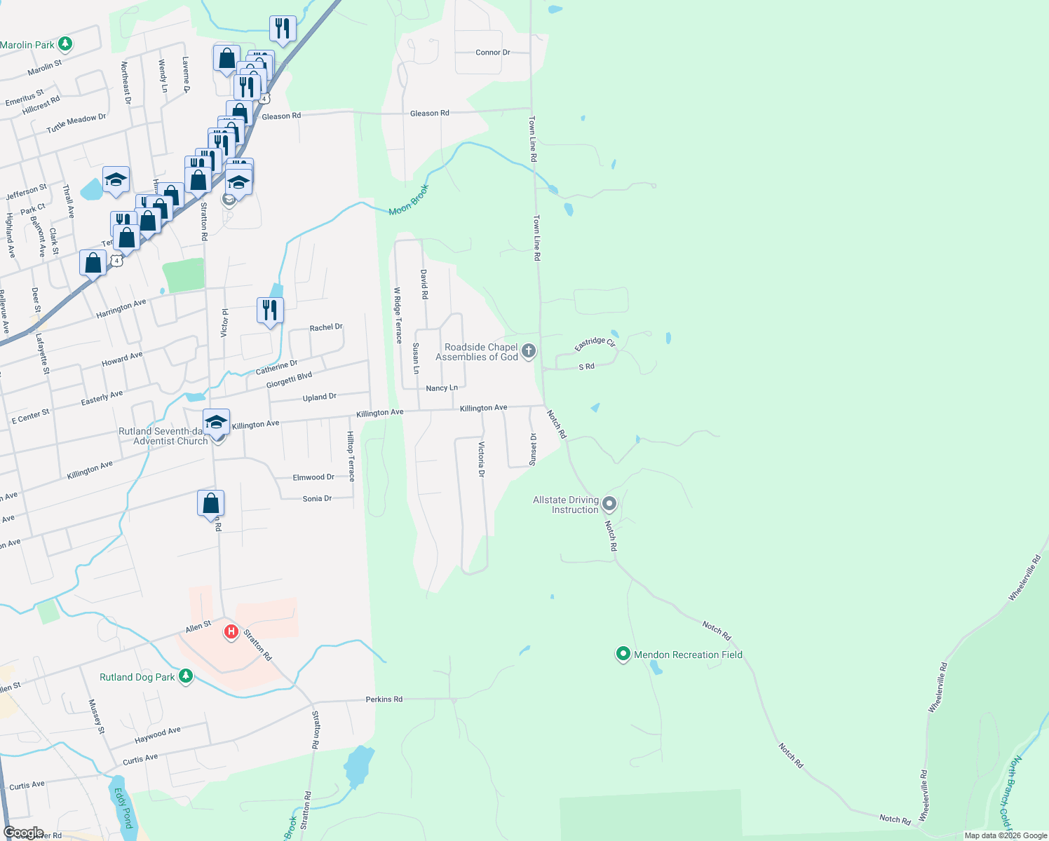 map of restaurants, bars, coffee shops, grocery stores, and more near 397 Sunset Dr in Rutland