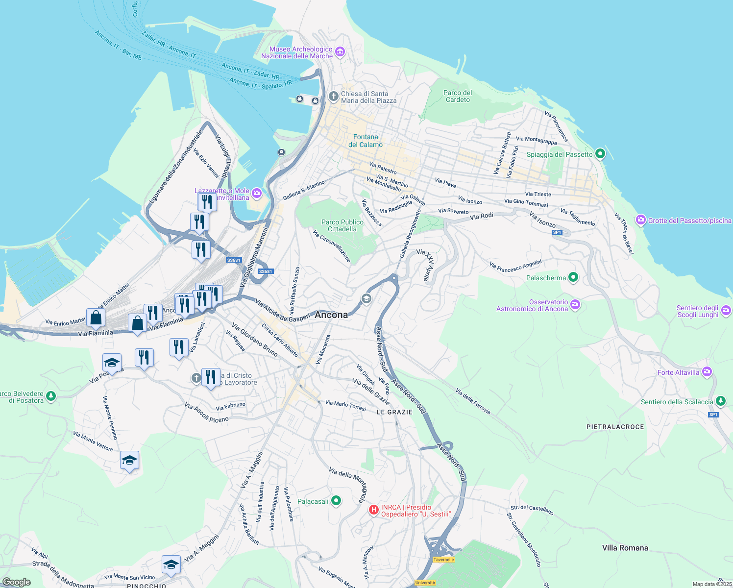 map of restaurants, bars, coffee shops, grocery stores, and more near 47 Via Valle Miano in Ancona