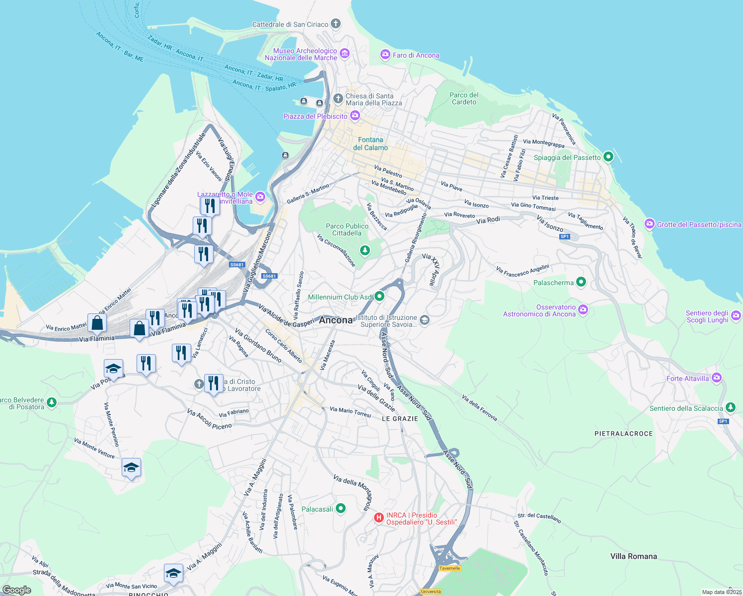 map of restaurants, bars, coffee shops, grocery stores, and more near 47 Via Valle Miano in Ancona