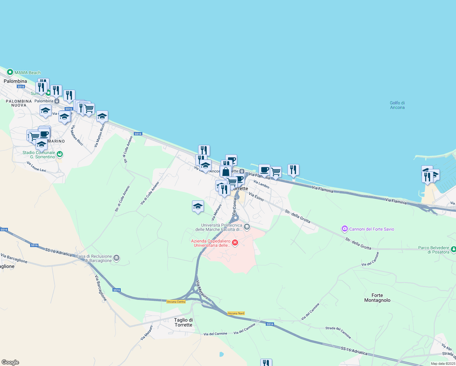 map of restaurants, bars, coffee shops, grocery stores, and more near 60 Via Metauro in Taglio di Torrette