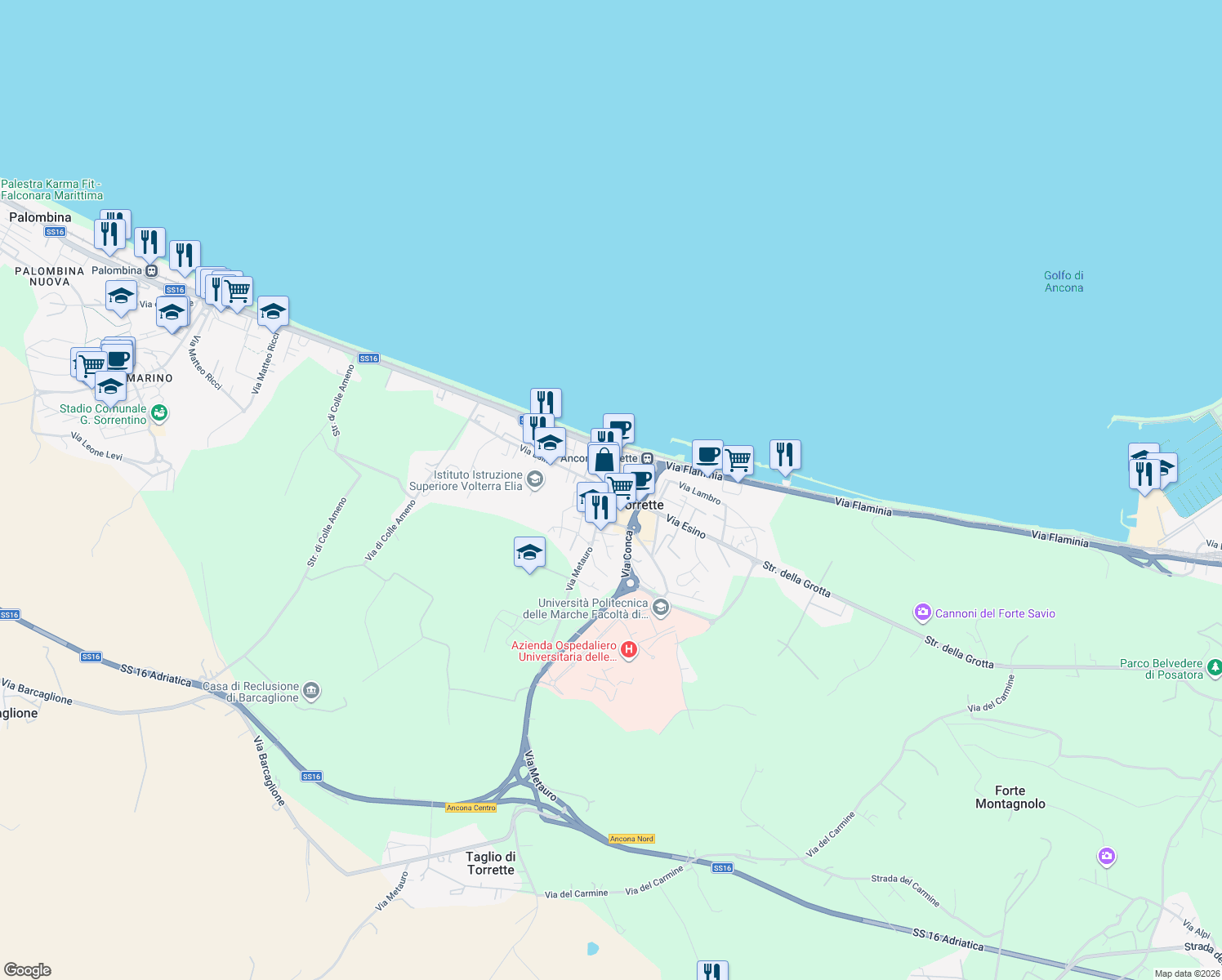 map of restaurants, bars, coffee shops, grocery stores, and more near 60 Via Metauro in Taglio di Torrette