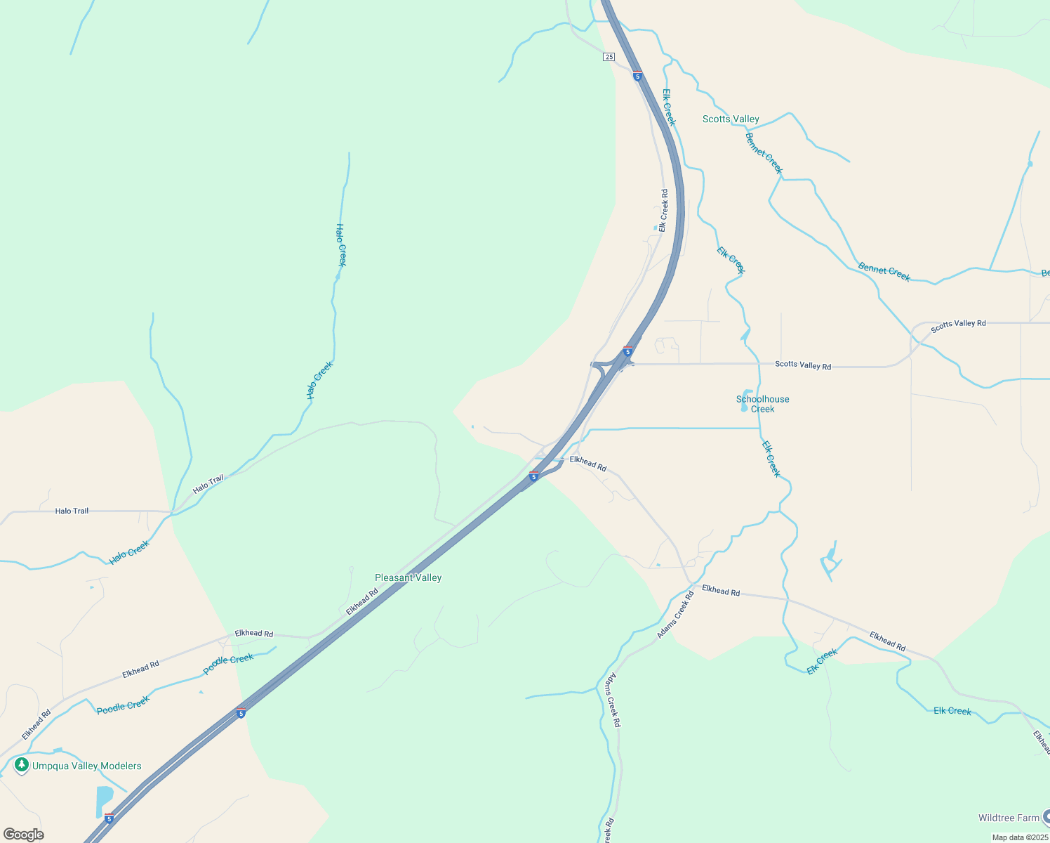 map of restaurants, bars, coffee shops, grocery stores, and more near 3220 Elkhead Road in Yoncalla
