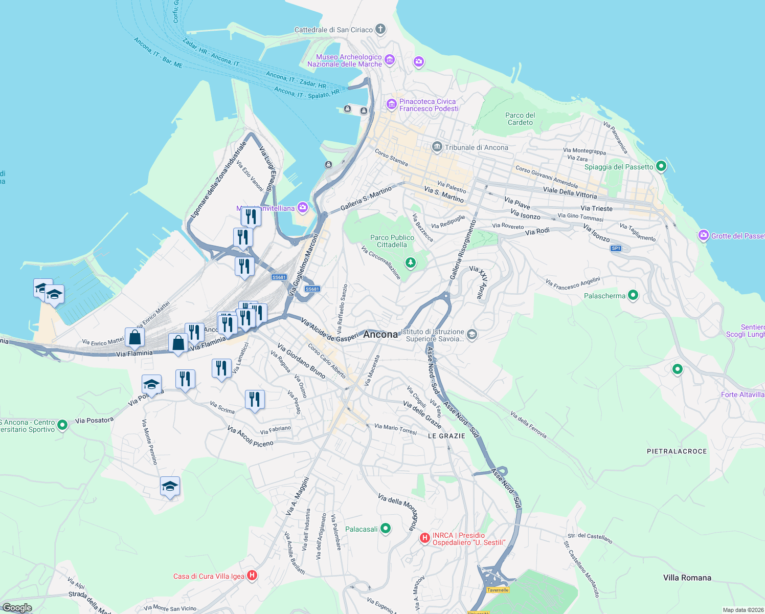 map of restaurants, bars, coffee shops, grocery stores, and more near 14 Via Giuseppe Verdi in Ancona
