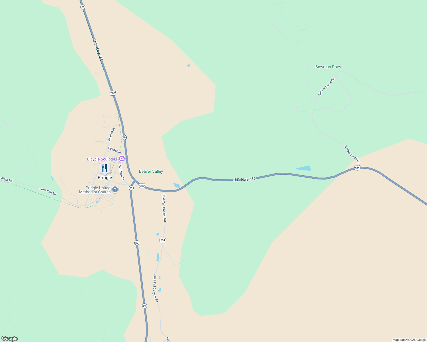 map of restaurants, bars, coffee shops, grocery stores, and more near 26214 U.S. 385 in Pringle