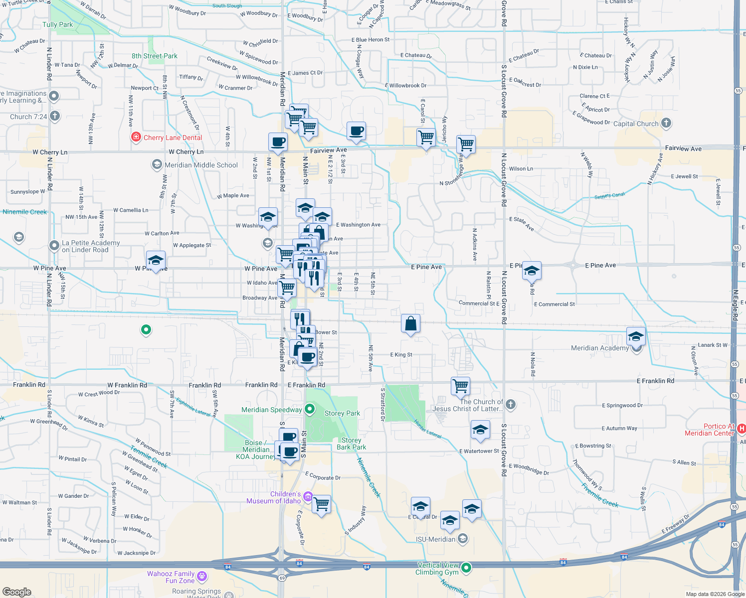 map of restaurants, bars, coffee shops, grocery stores, and more near 499 East Broadway Avenue in Meridian