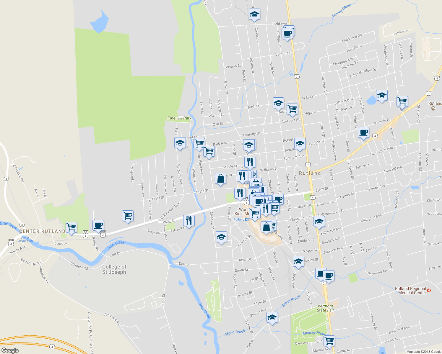 map of restaurants, bars, coffee shops, grocery stores, and more near 14 Noyes Avenue in Rutland