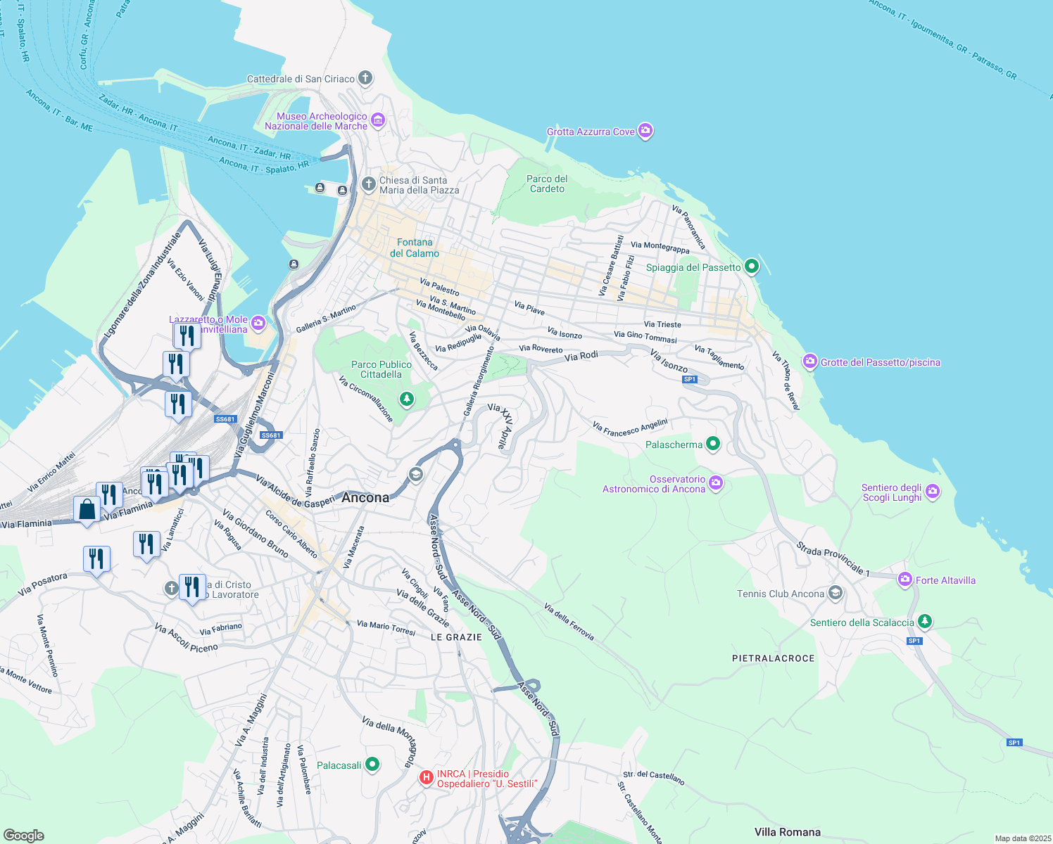 map of restaurants, bars, coffee shops, grocery stores, and more near 61 Via XXV Aprile in Ancona