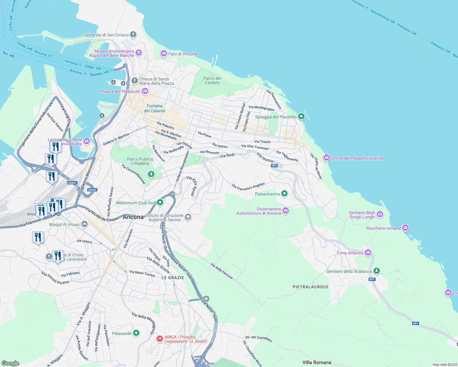 map of restaurants, bars, coffee shops, grocery stores, and more near 19 Via Francesco Angelini in Ancona