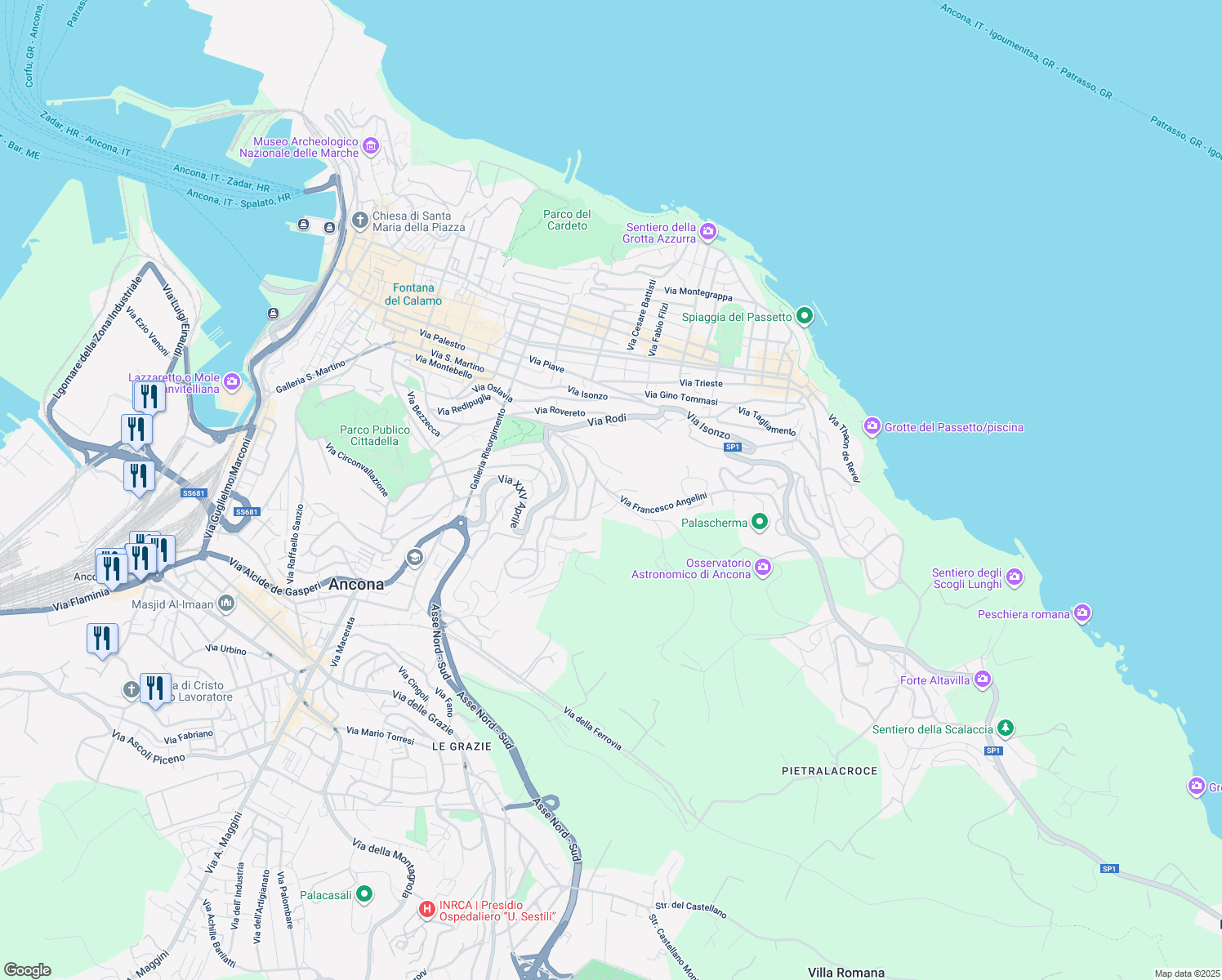 map of restaurants, bars, coffee shops, grocery stores, and more near 19 Via Francesco Angelini in Ancona
