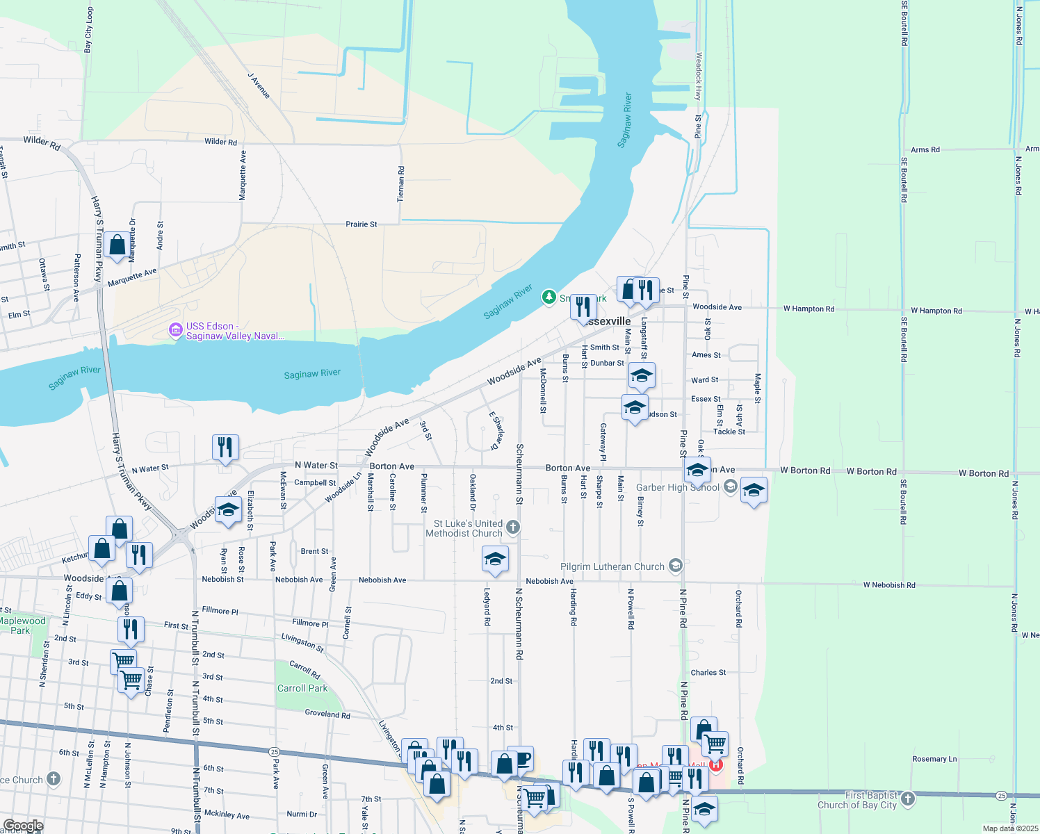 map of restaurants, bars, coffee shops, grocery stores, and more near 701 Scheurmann Street in Essexville