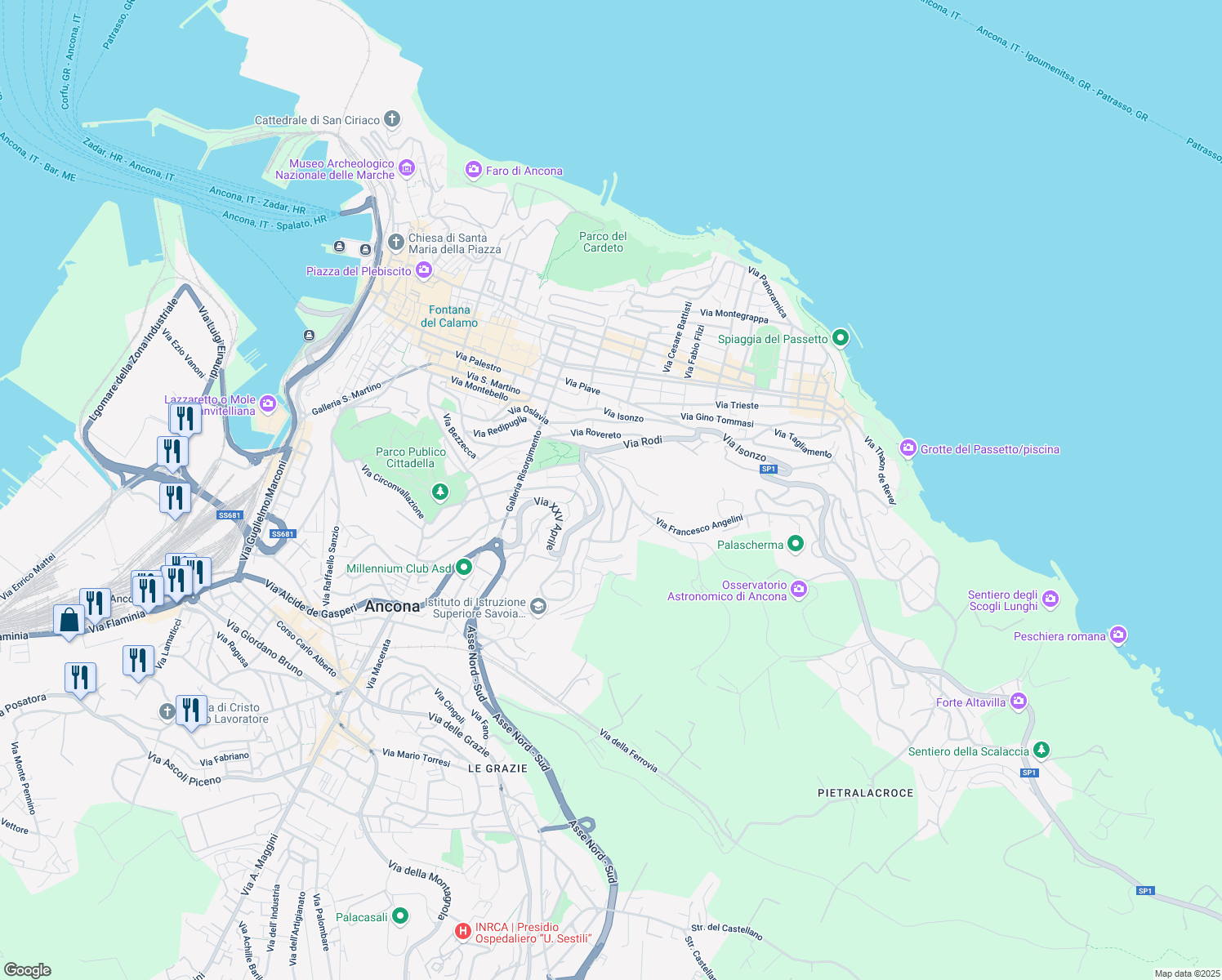map of restaurants, bars, coffee shops, grocery stores, and more near 83-87 Via XXV Aprile in Ancona