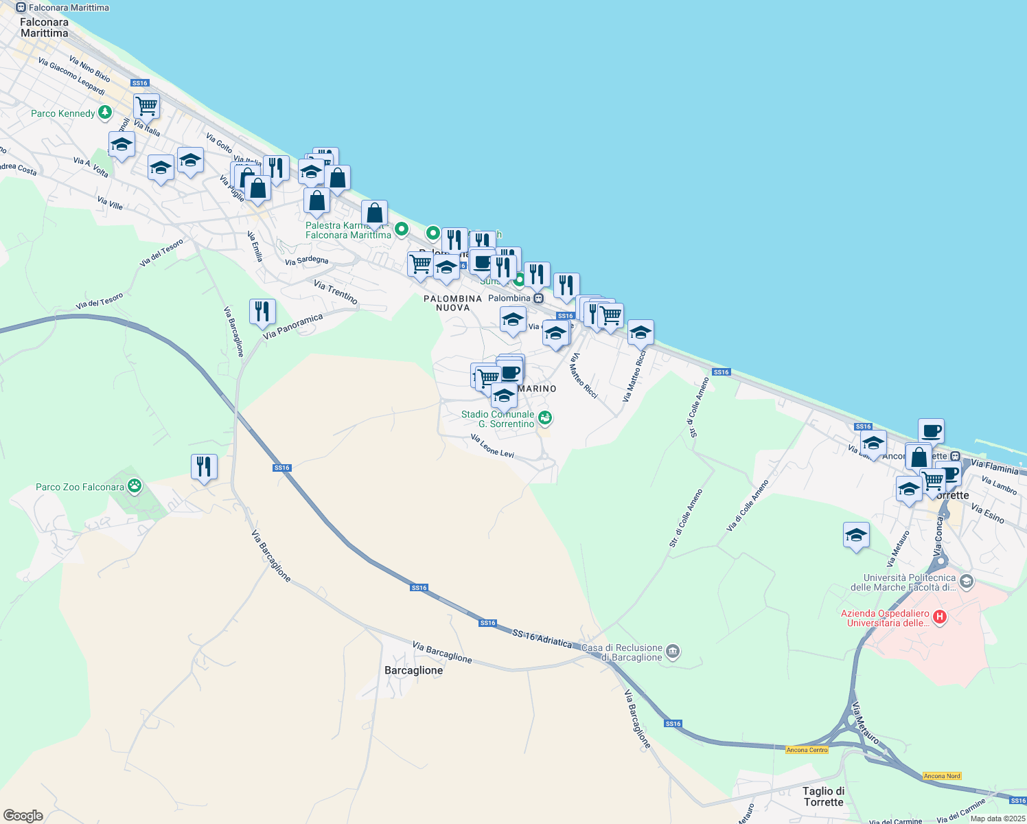 map of restaurants, bars, coffee shops, grocery stores, and more near 2 Piazza Galilei Galileo in Ancona