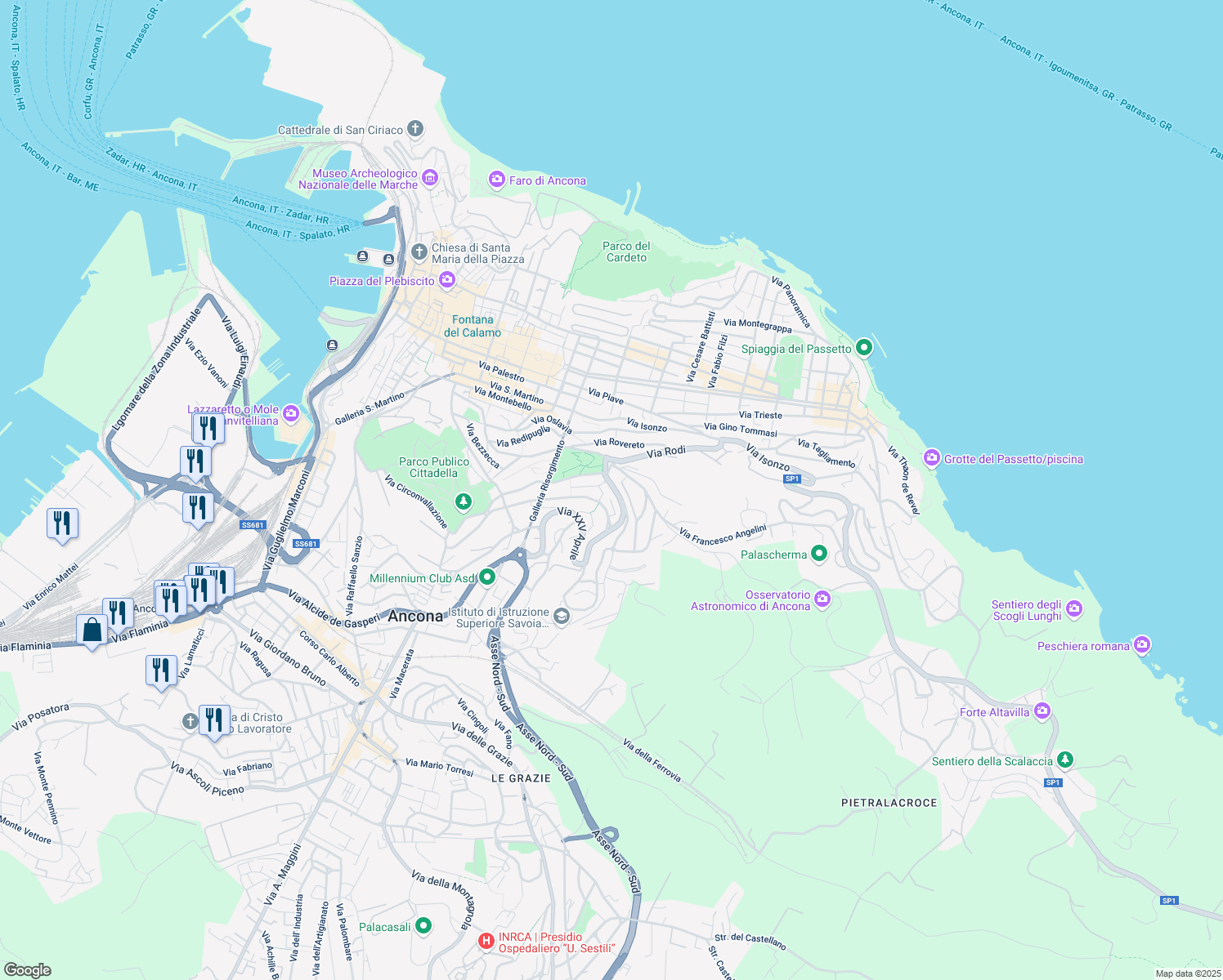 map of restaurants, bars, coffee shops, grocery stores, and more near 87 Via XXV Aprile in Ancona