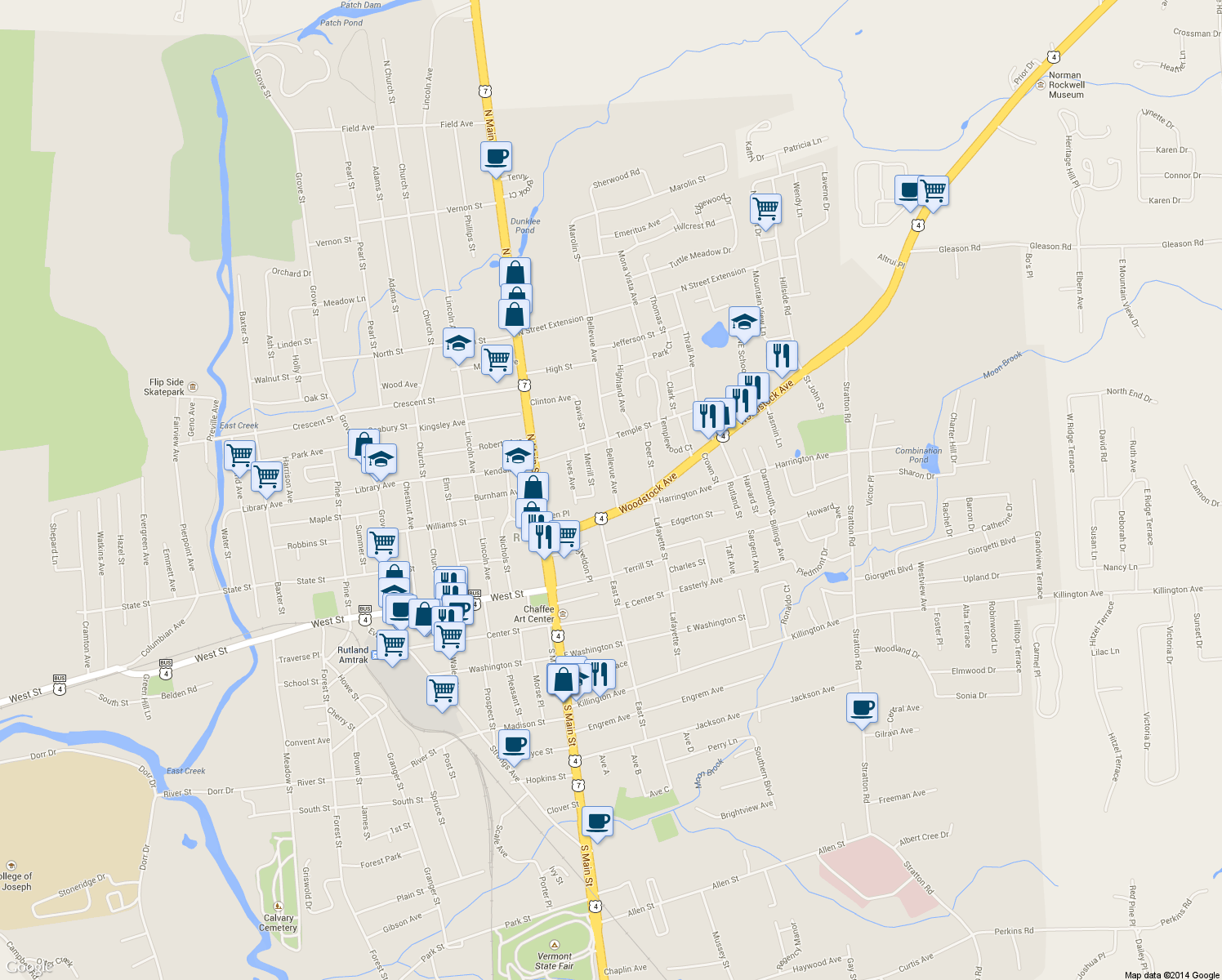 map of restaurants, bars, coffee shops, grocery stores, and more near 45 Bellevue Avenue in Rutland