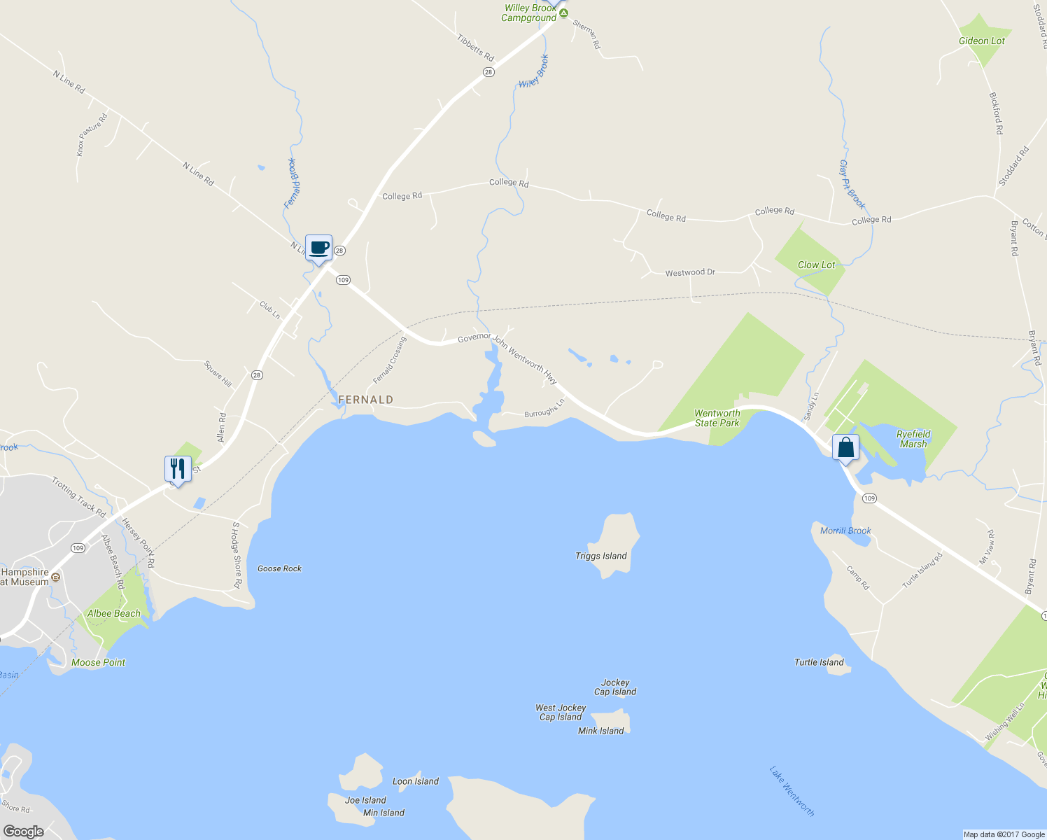 map of restaurants, bars, coffee shops, grocery stores, and more near 32 Burroughs Lane in Wolfeboro