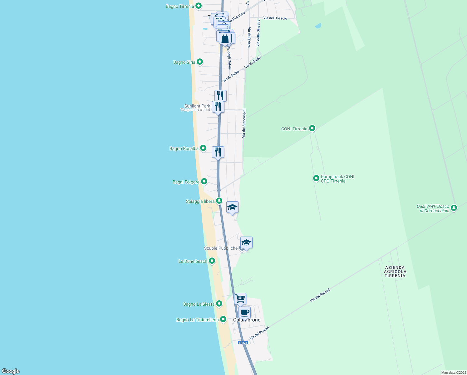 map of restaurants, bars, coffee shops, grocery stores, and more near 2 Via delle Orchidee in Marina di Pisa-tirrenia-calambr