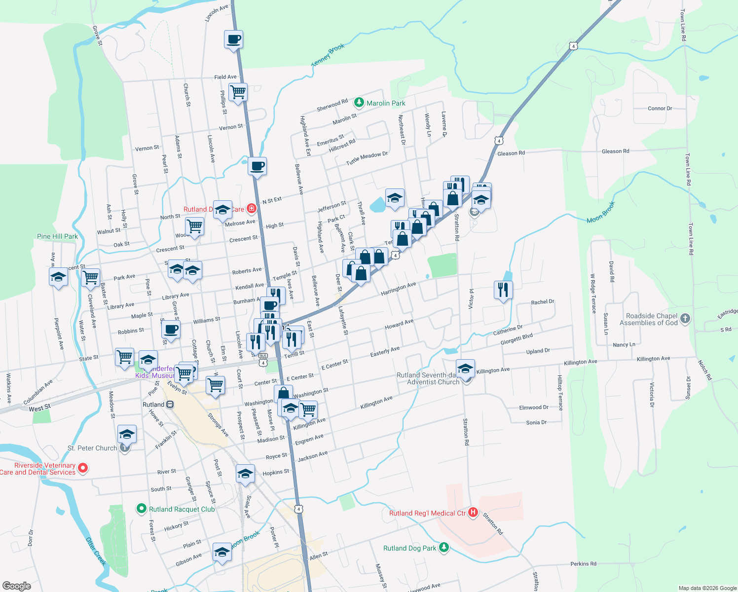 map of restaurants, bars, coffee shops, grocery stores, and more near 93 Harrington Ave in Rutland