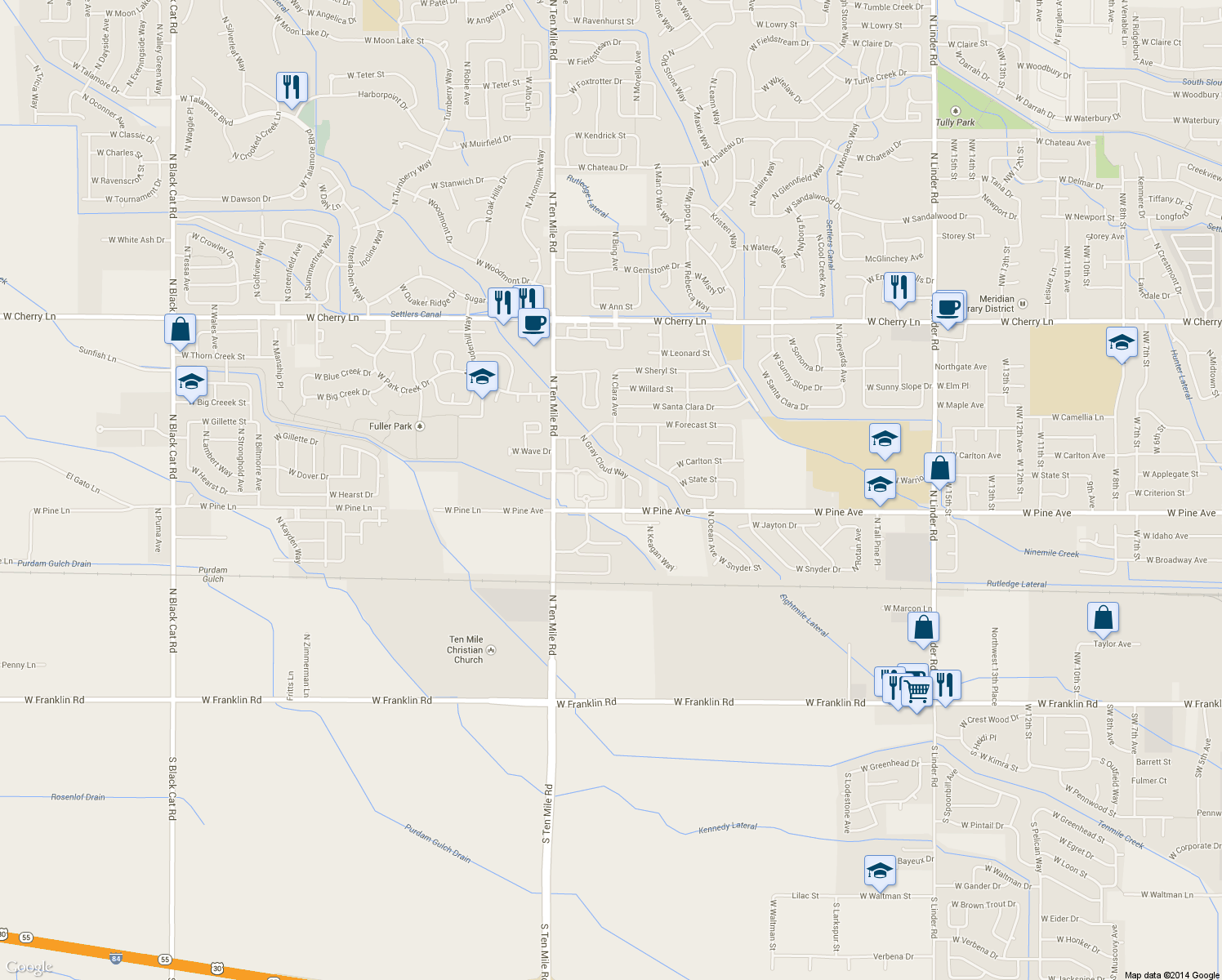 map of restaurants, bars, coffee shops, grocery stores, and more near 886 North Bonsai Lane in Meridian