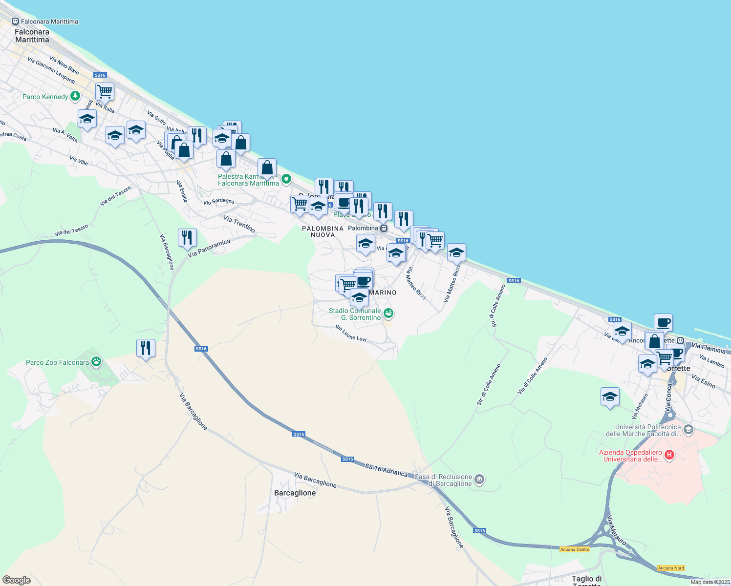 map of restaurants, bars, coffee shops, grocery stores, and more near 2 Piazza G. Galileo in Ancona