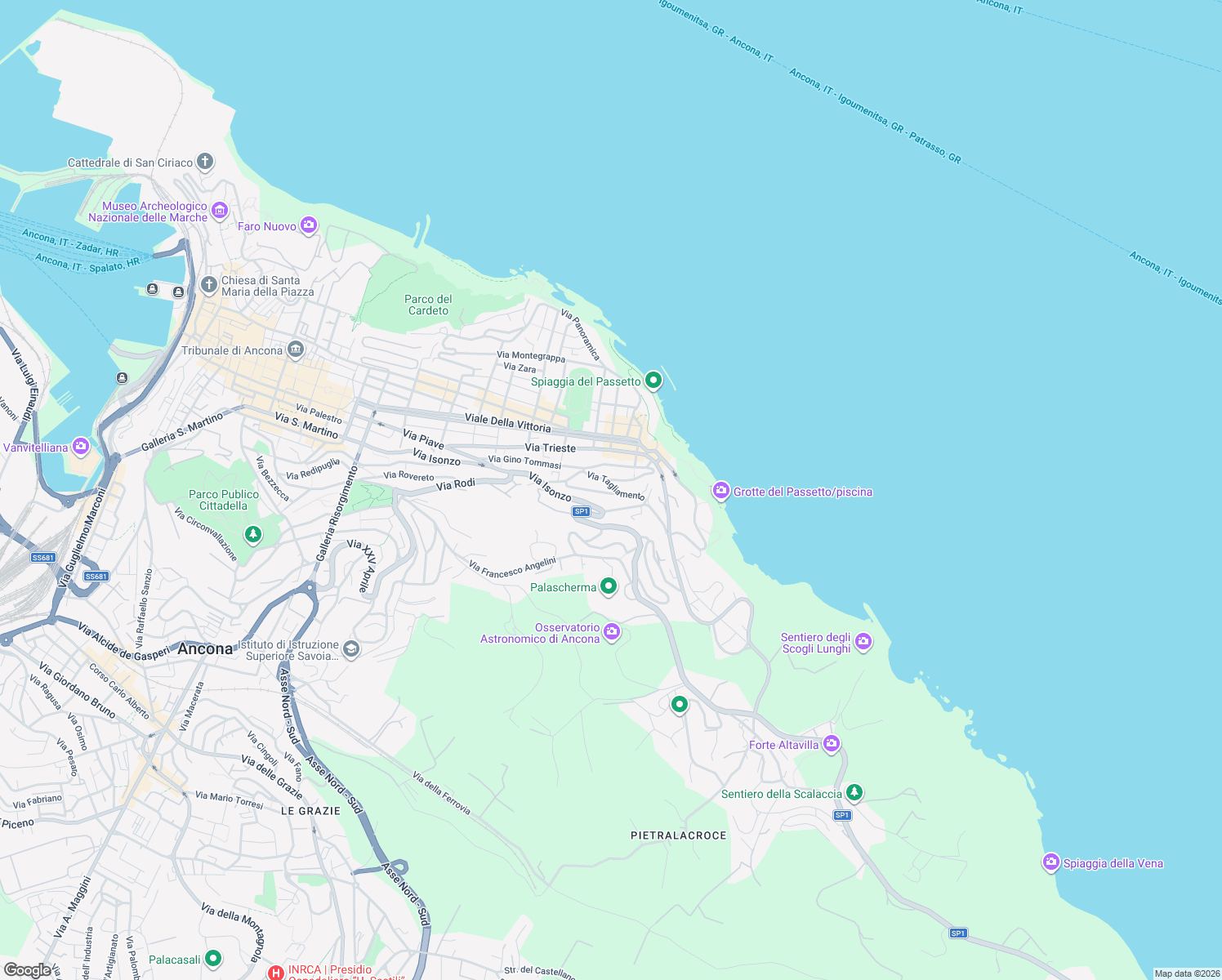 map of restaurants, bars, coffee shops, grocery stores, and more near 30 Via Tagliamento in Ancona