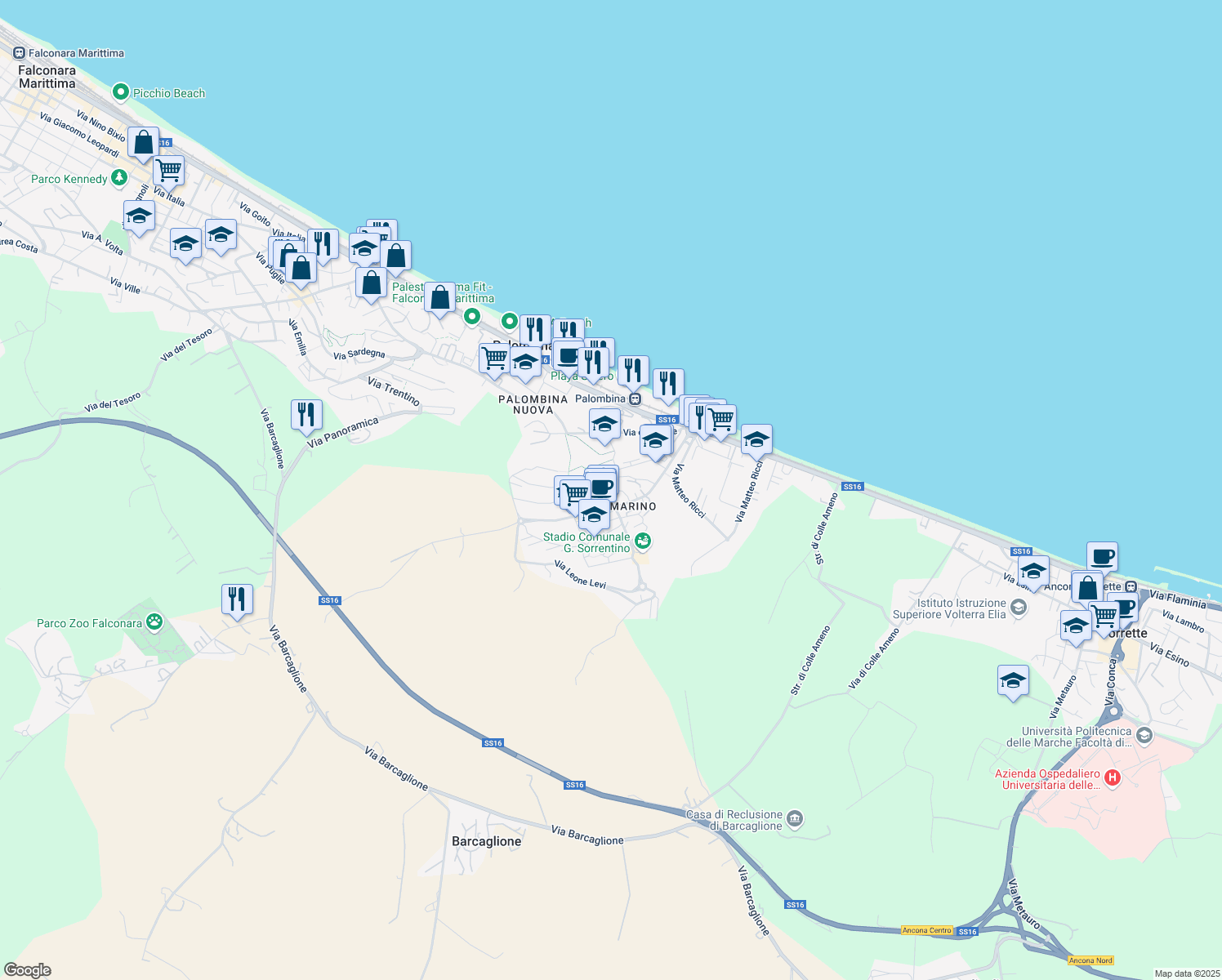 map of restaurants, bars, coffee shops, grocery stores, and more near 36 Via Alessandro Volta in Ancona