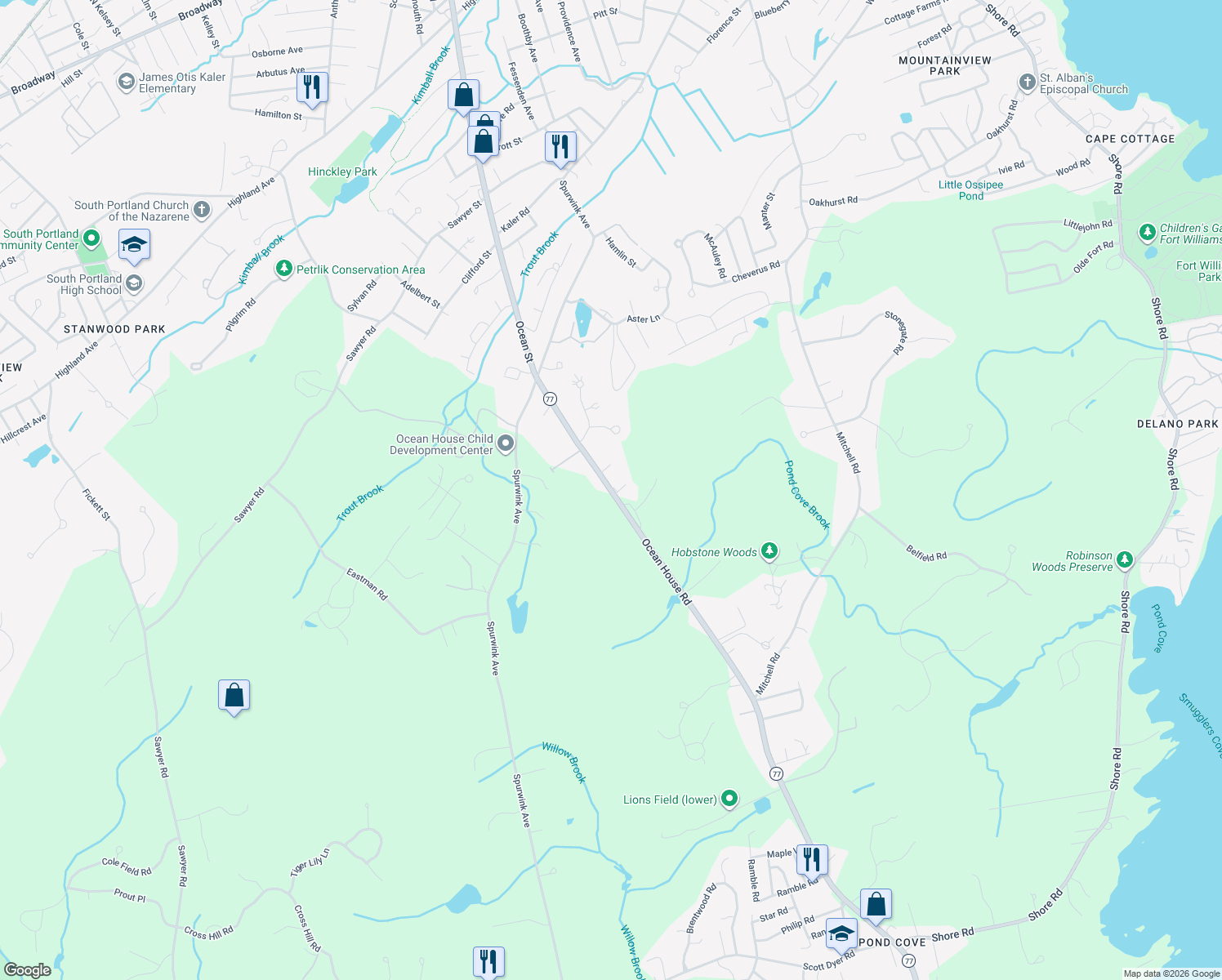 map of restaurants, bars, coffee shops, grocery stores, and more near 90 Ocean House Road in Cape Elizabeth