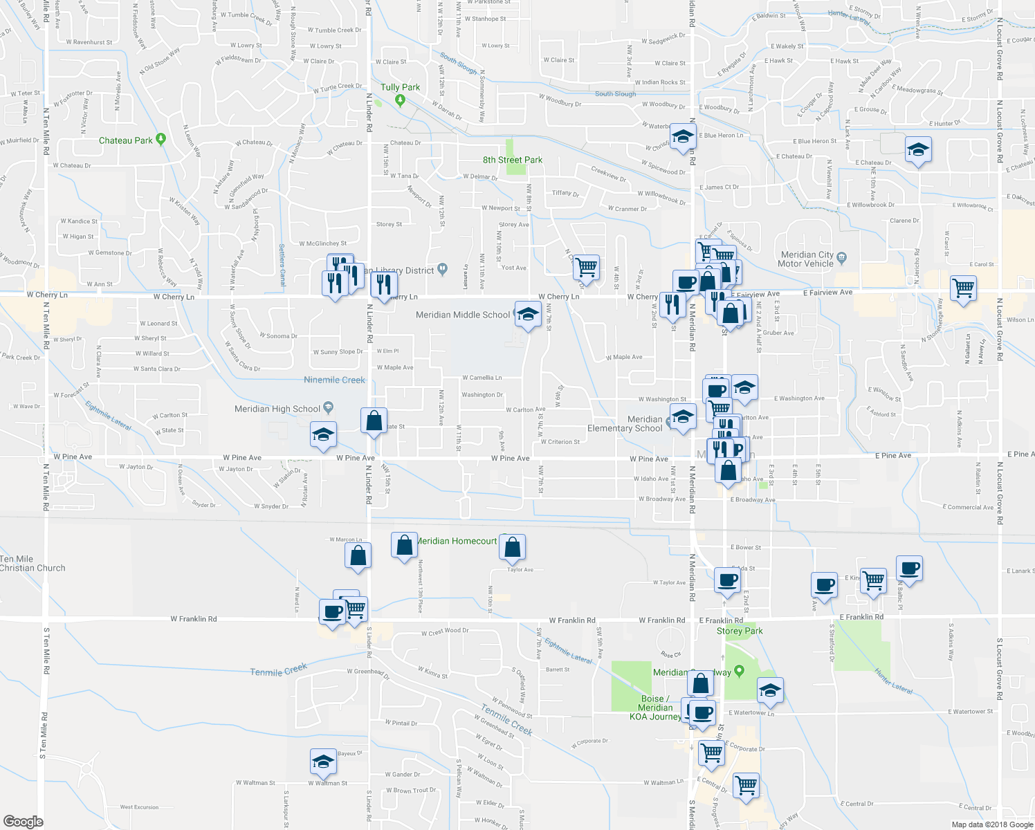 map of restaurants, bars, coffee shops, grocery stores, and more near 1041 West 8th Street in Meridian