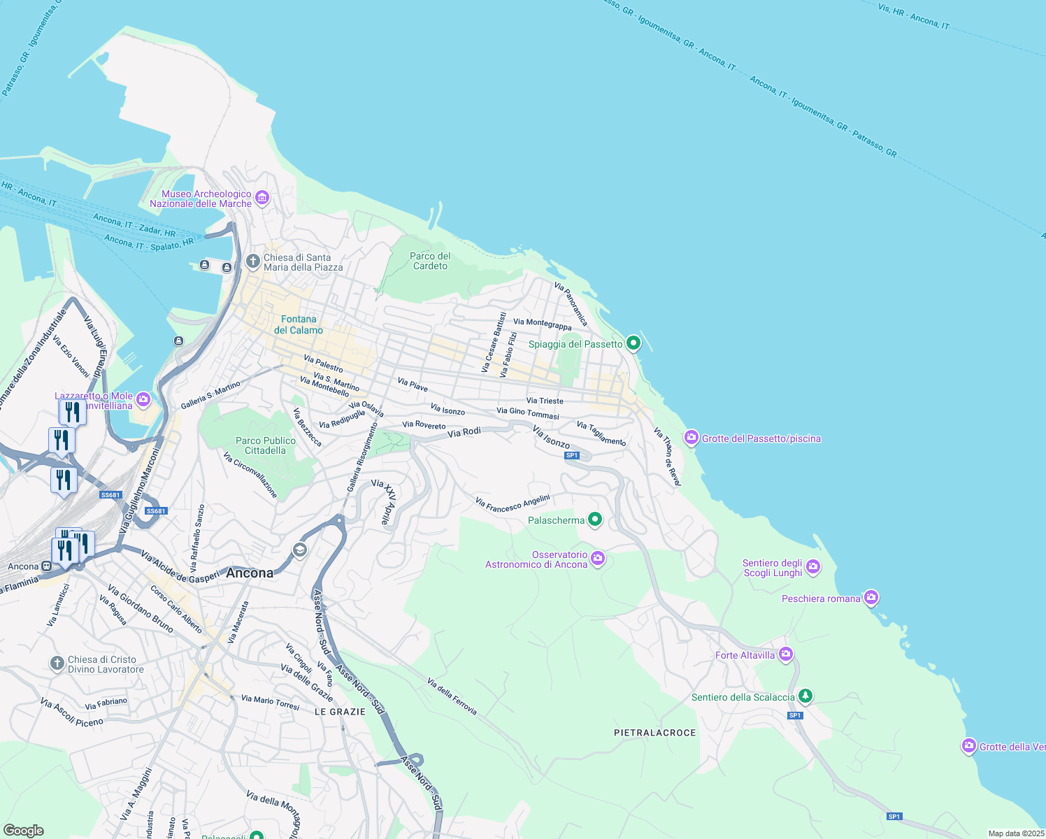 map of restaurants, bars, coffee shops, grocery stores, and more near 65 Via Isonzo in Ancona