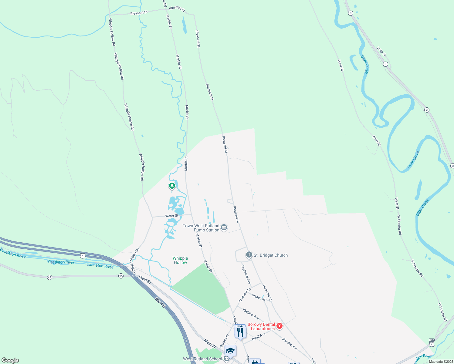 map of restaurants, bars, coffee shops, grocery stores, and more near 1539 Pleasant St in West Rutland