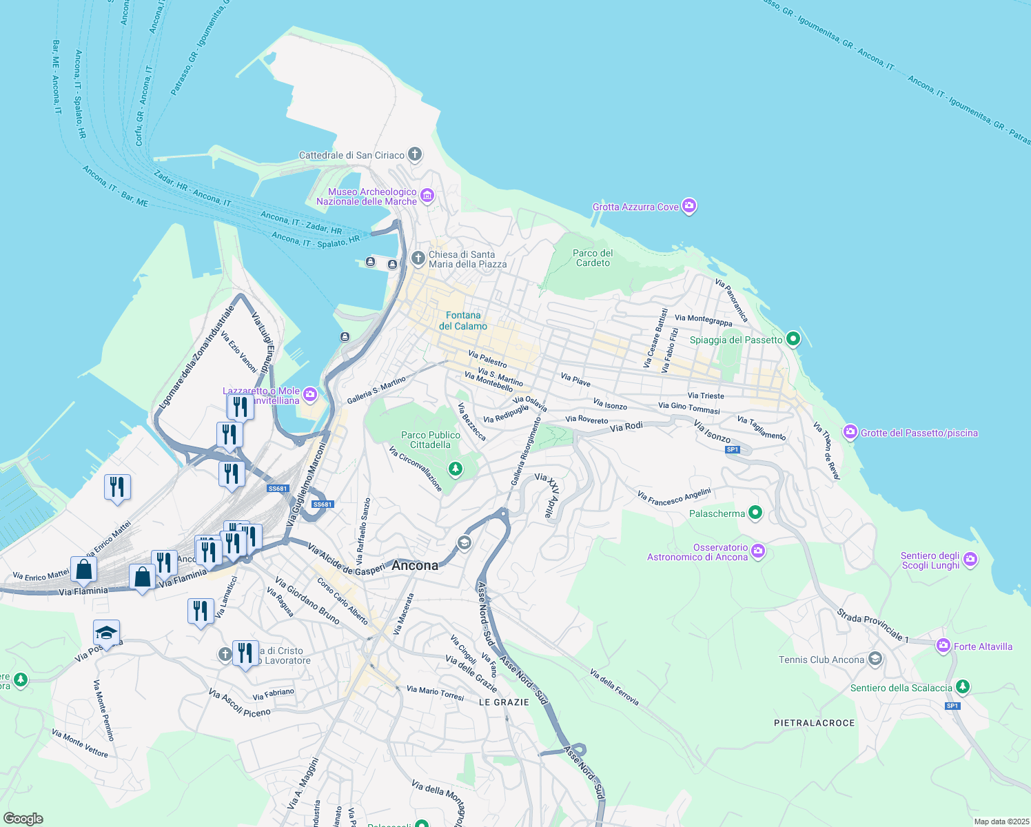 map of restaurants, bars, coffee shops, grocery stores, and more near 35 Via Redipuglia in Ancona