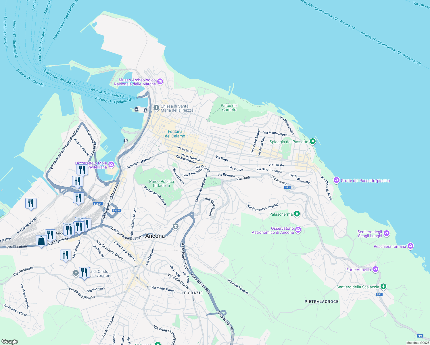 map of restaurants, bars, coffee shops, grocery stores, and more near 25 Via Redipuglia in Ancona