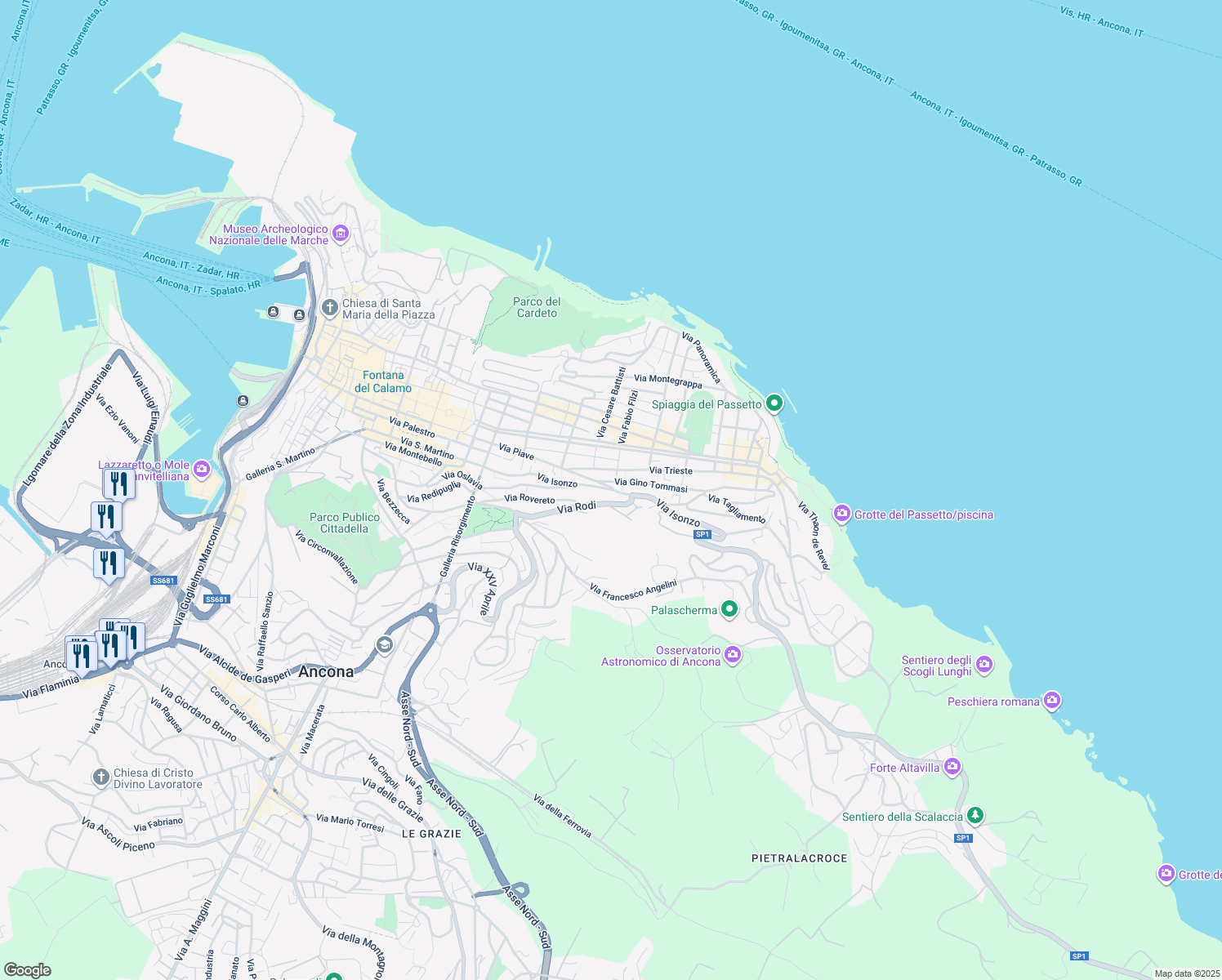 map of restaurants, bars, coffee shops, grocery stores, and more near 144-146 Via Isonzo in Ancona