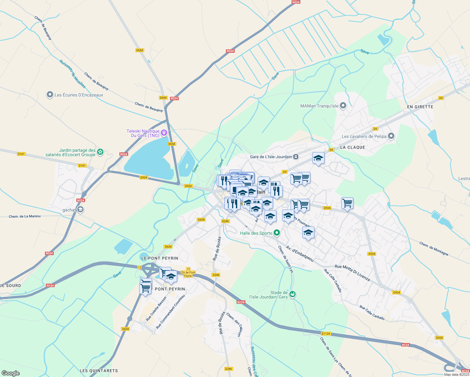 map of restaurants, bars, coffee shops, grocery stores, and more near 28 Avenue du Commandant Parisot in L'Isle-Jourdain
