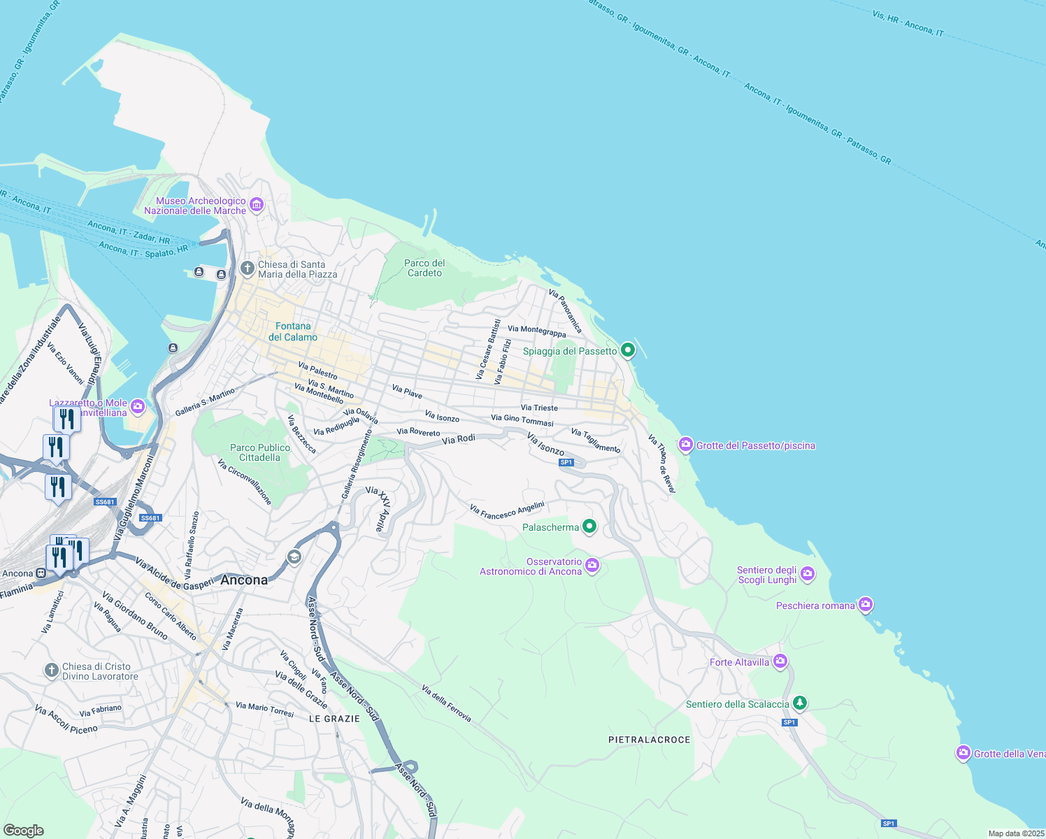map of restaurants, bars, coffee shops, grocery stores, and more near 65 Via Isonzo in Ancona