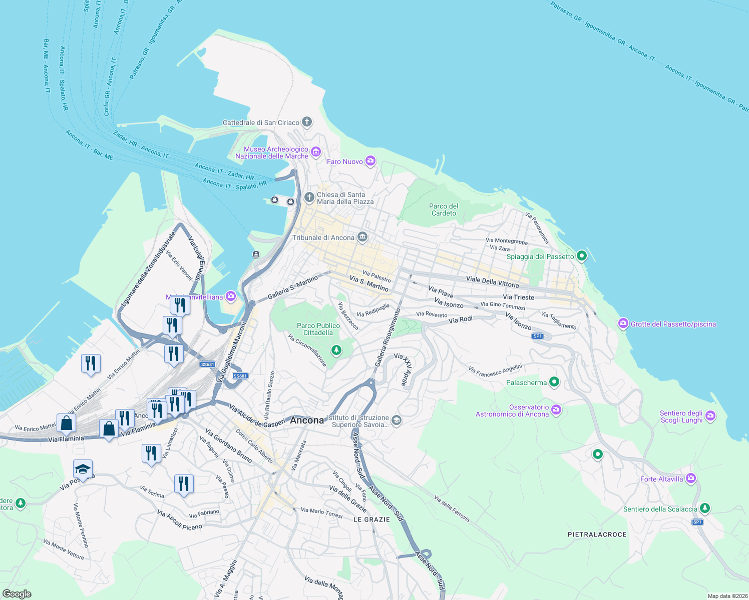map of restaurants, bars, coffee shops, grocery stores, and more near 35 Via Redipuglia in Ancona