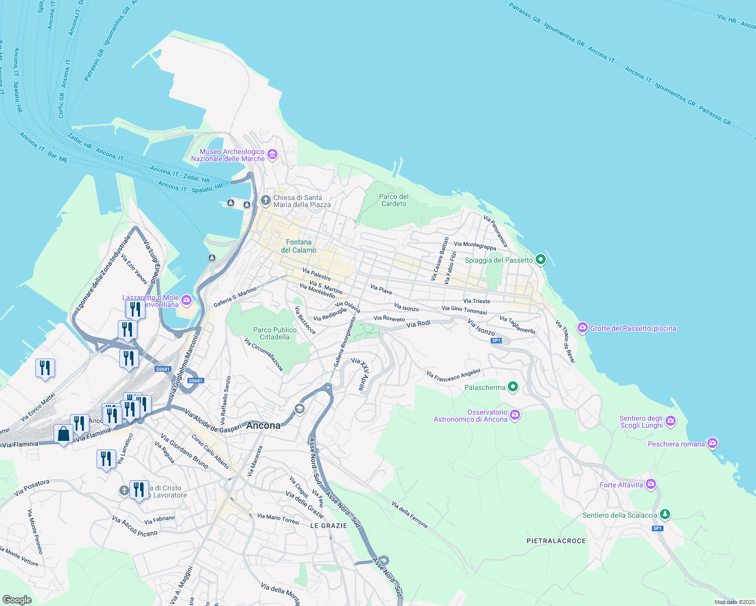 map of restaurants, bars, coffee shops, grocery stores, and more near 25 Via Redipuglia in Ancona