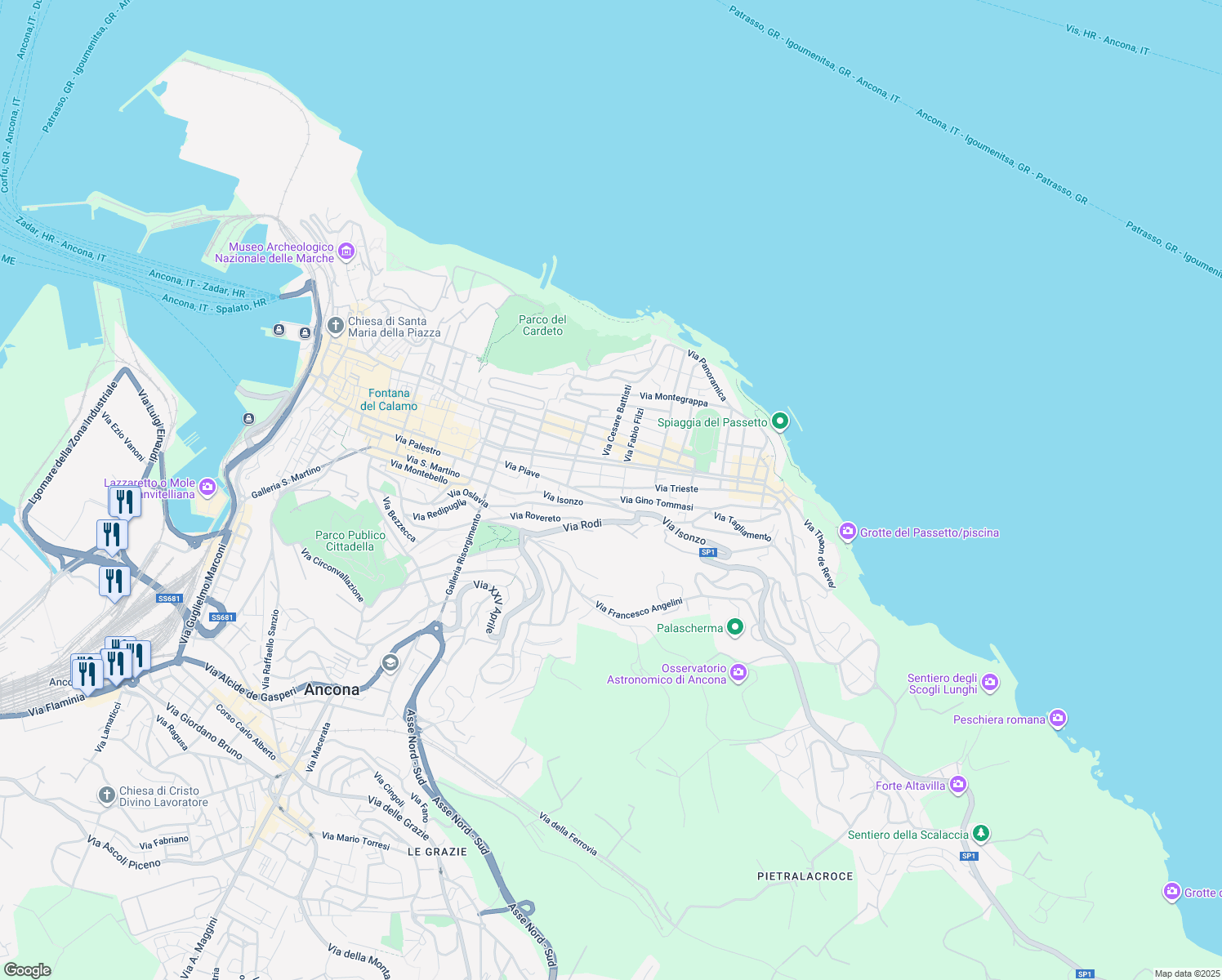 map of restaurants, bars, coffee shops, grocery stores, and more near 144 Via Isonzo in Ancona