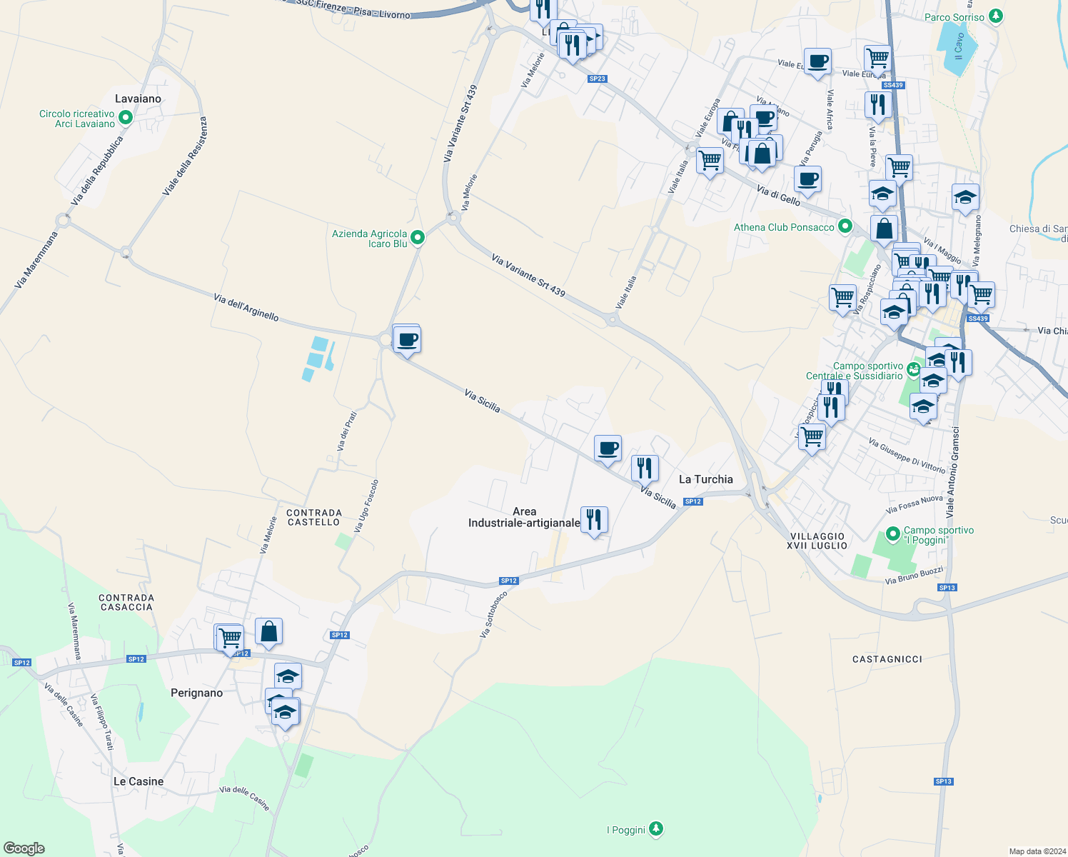 map of restaurants, bars, coffee shops, grocery stores, and more near Via Sicilia in Provincia di Pisa